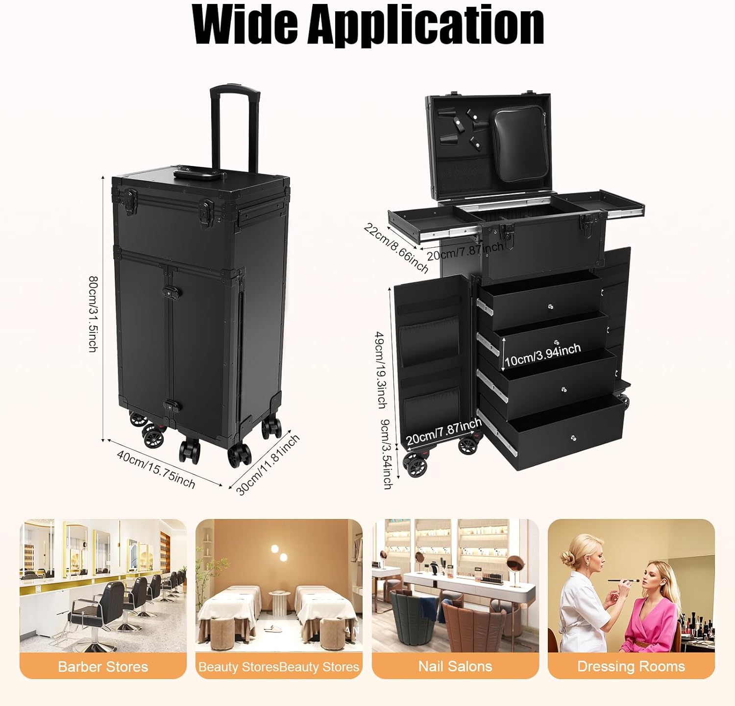 Cosmetic Train Case,Makeup Organizer Travel Case with Multiple Compartments,Rolling Makeup Case,Professional Makeup Casewith Wheels for Make-up Artists,66Lbs Load-Bearing (Black-6 Wheels)