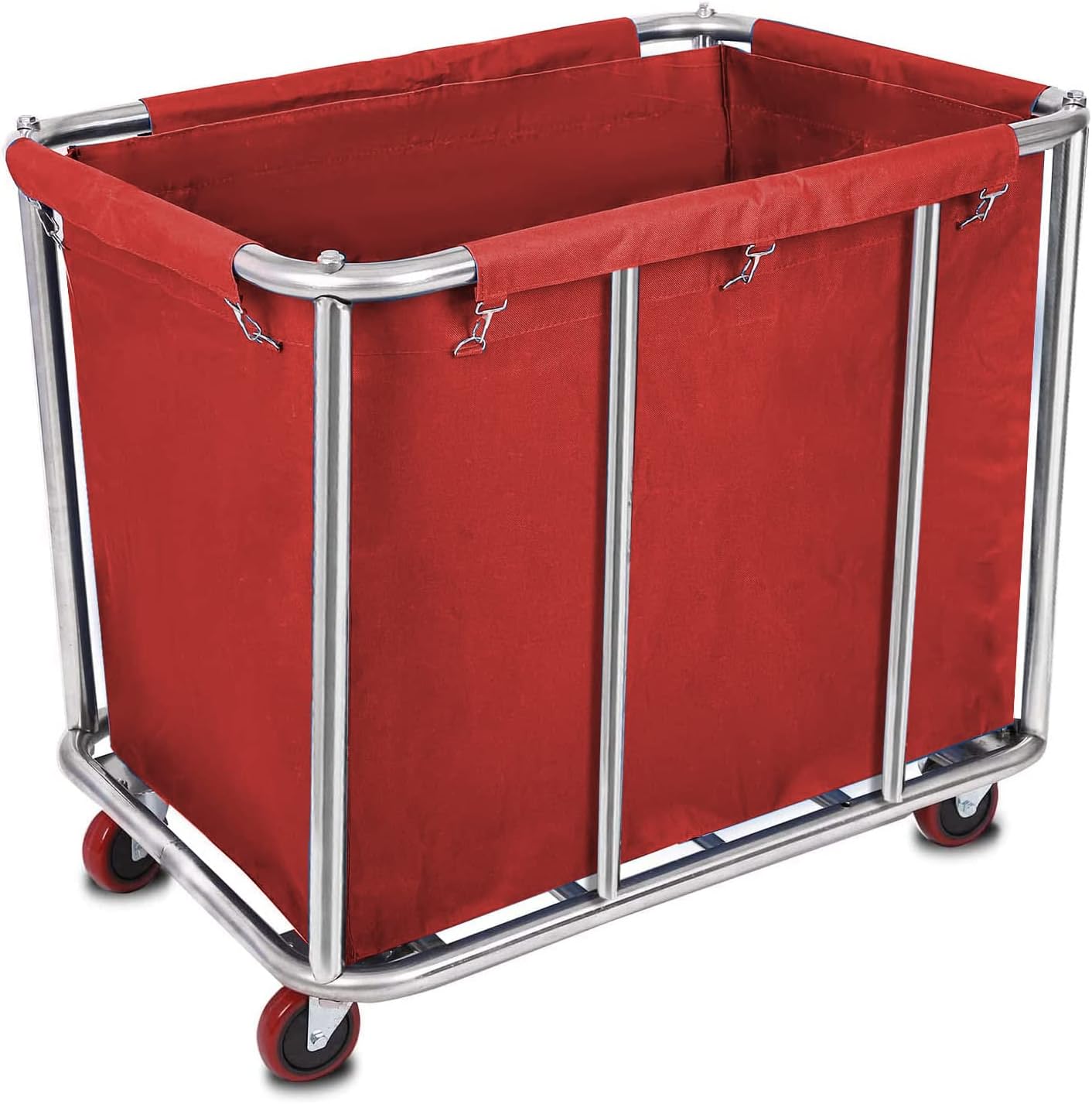 10 Bushels Laundry Cart Commercial/Home,Heavy Duty Large Stainless Steel Rolling Laundry Basket with Wheels，for Laundry Organizer and Storage,260LBS Load (Red)