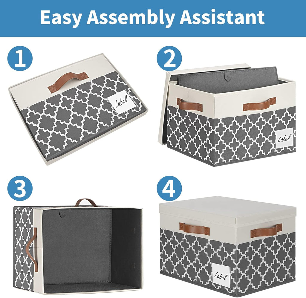 GhvyenntteS Extra Large Storage Bins with Lids, Foldable Fabric Storage Boxes with Lids and 3 Handles, Storage Baskets with Label for Home Office (3 Pack, White&Lattice Grey, 15.75x11.8x10.2)