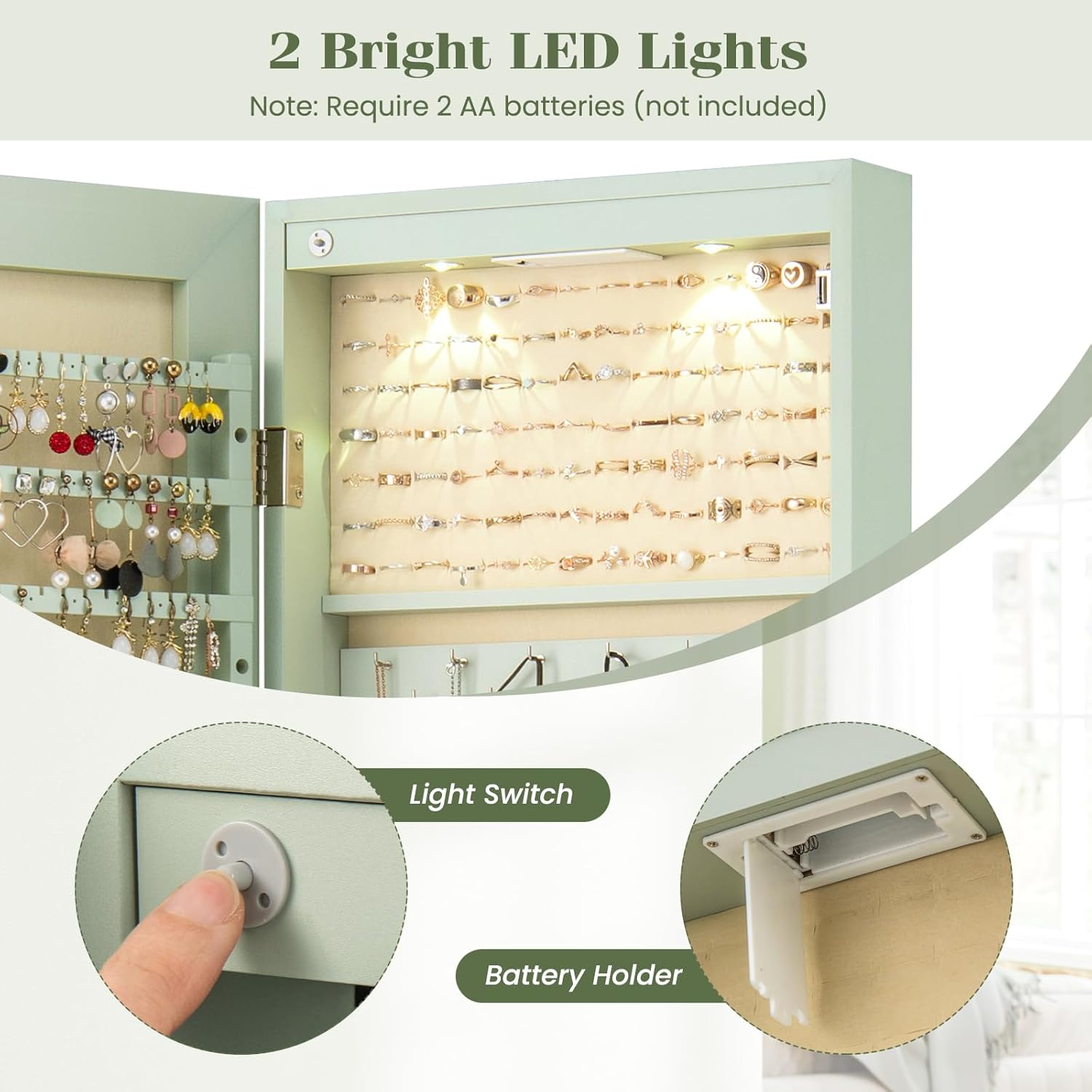 Giantex Wall Door Mounted Jewelry Armoire Cabinet with 47.5" Full Length Mirror, 2 LEDs Lockable Jewelry Organizers and Storage with 2 Drawers, Over the Door Jewelry Organizer Cabinet (Sage)