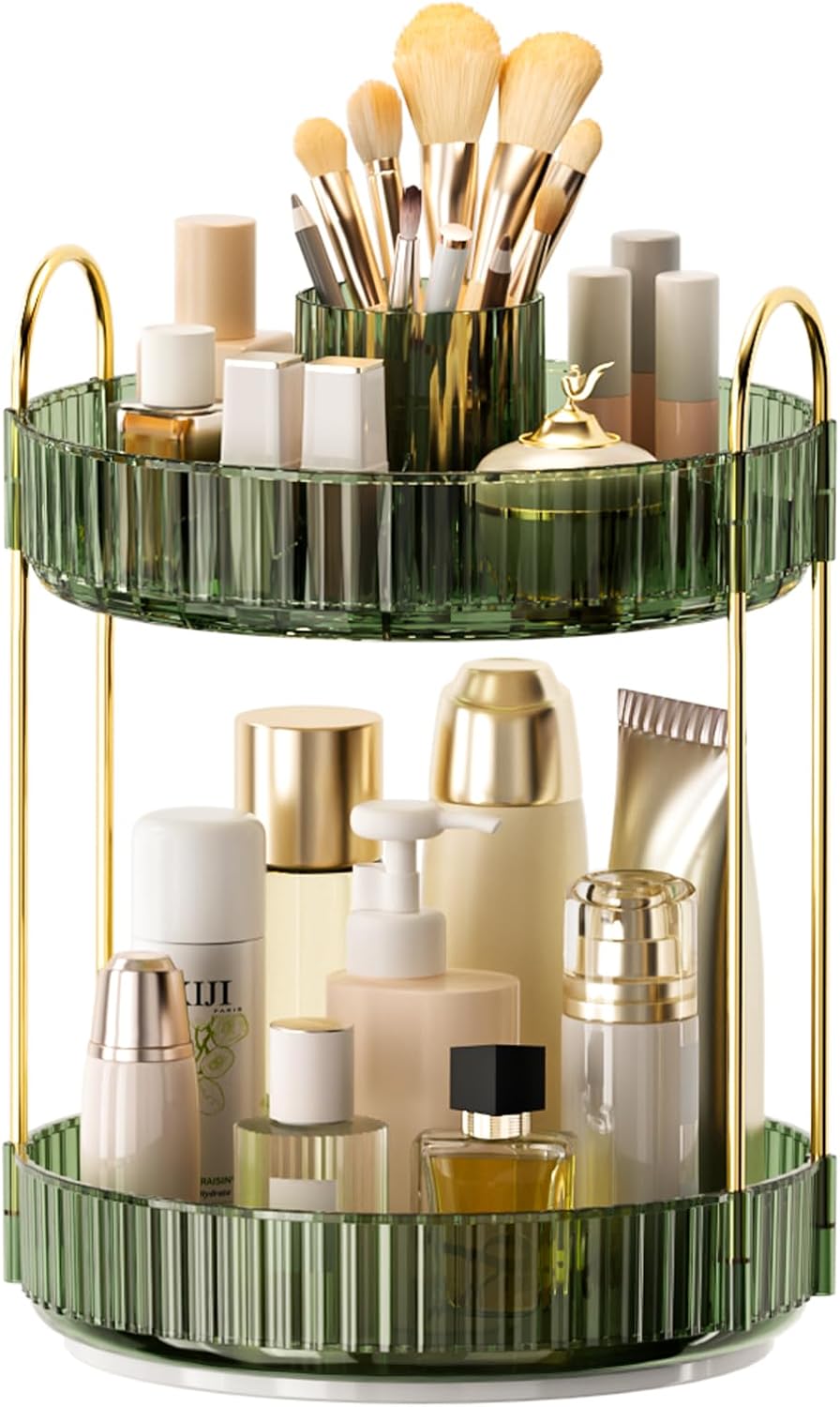 360° Rotating Makeup Organizer, Upgraded 2 Tier Skincare Perfume Organizers for Women, Bathroom Organizer Countertop, Clear Cosmetic Dresser Organizer with Makeup Brush Holder, Sink&Counter (Green)