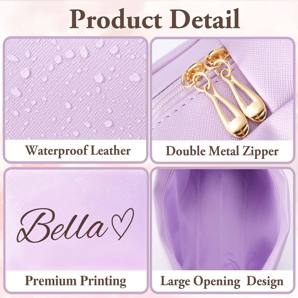 Personalized Makeup Bag with Name & Birth Flower, Custom Leather Cosmetic Bags for Women, Customized Travel Toiletry Bag Gifts for Bridesmaid Wedding