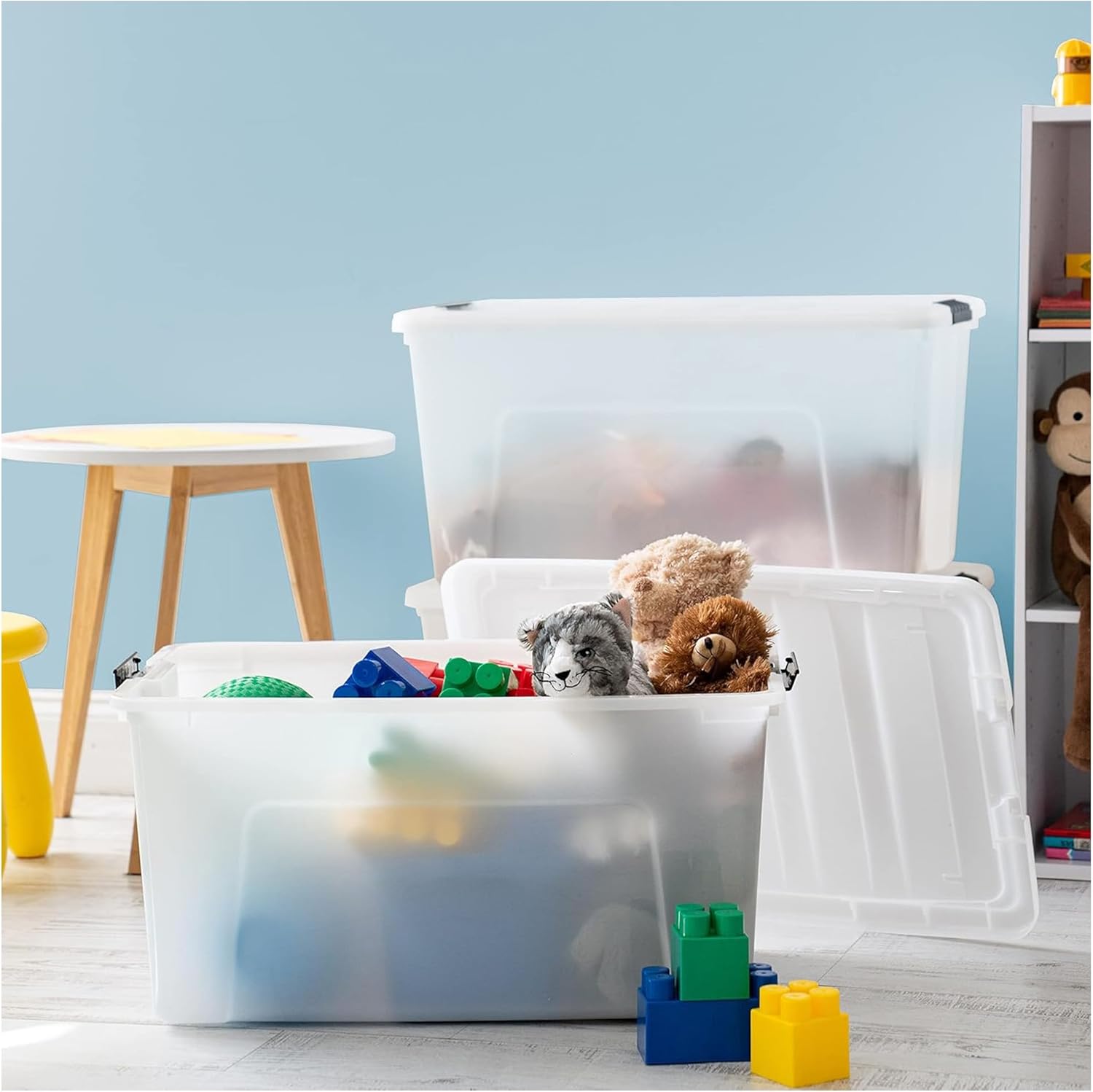 IRIS USA 72 QT Plastic Storage Box with Lid and Latches - 4 Pack - BPA-Free, Discreet Organizing Solution, Durable Nestable Stackable Containers, Secure Pull Handle - Pearl