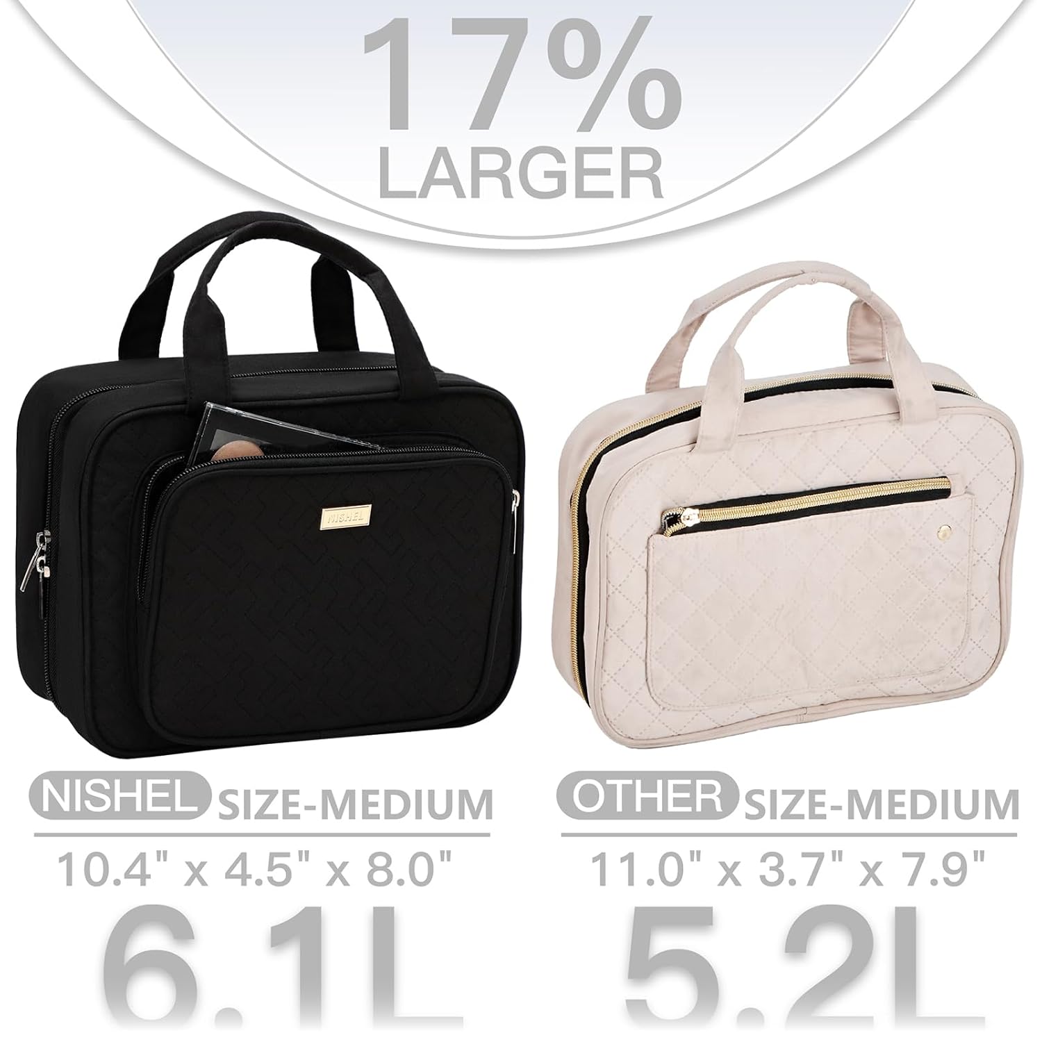 NISHEL Travel Toiletry Bag for Women, Makeup Essentials Organizer, Hanging Case for Accessories, Cosmetics, Medium Size, Black