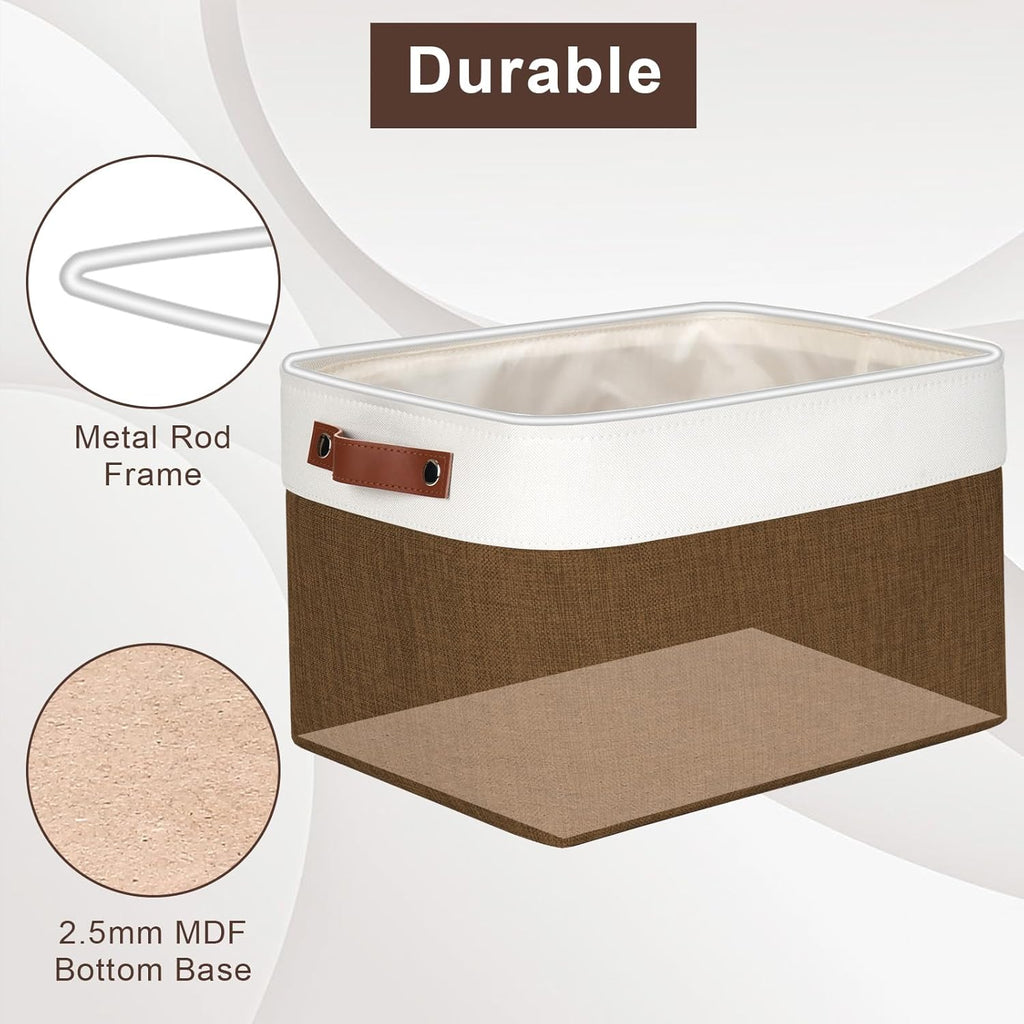 Storage Bins Large Fabric Storage Baskets for Shelves 3 Pack, Decorative Linen Closet Baskets with Handles for Organizing, Shelf, Clothes, Home, Office, 15x11x9.5Inches (Brown&White)