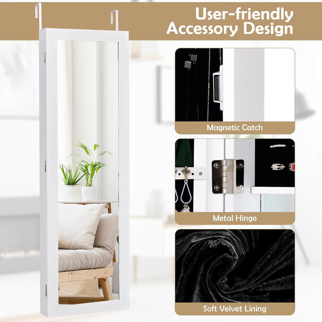HAPPYGRILL Wall Mounted Jewelry Cabinet with Full Length Mirror, Over The Door Jewelry Organizer w/Built-in Makeup Mirror, Storage Shelves, Door Mounted Jewelry Armoire for Women, Girls(White)