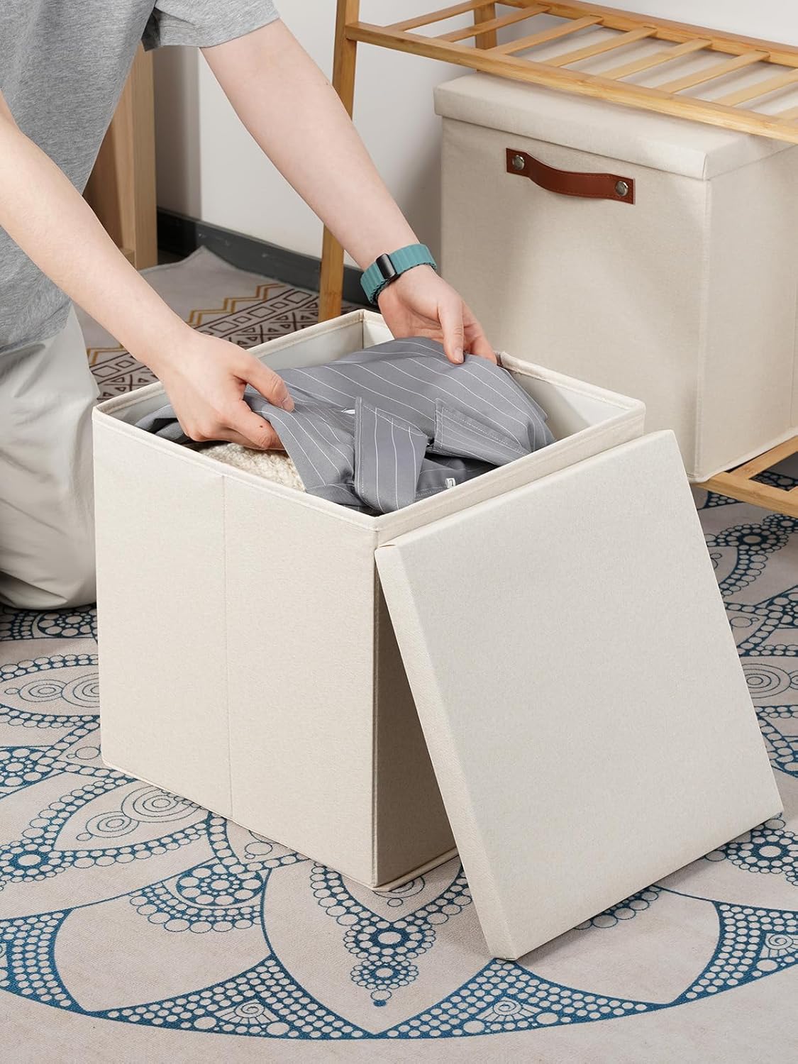 Temary Fabric Storage Bins with Lids 13 Inch Storage Cubes with Lid, Decorative Foldable Storage Boxes for Clothes, Closet Organizers (Beige, 13x13x13inch)