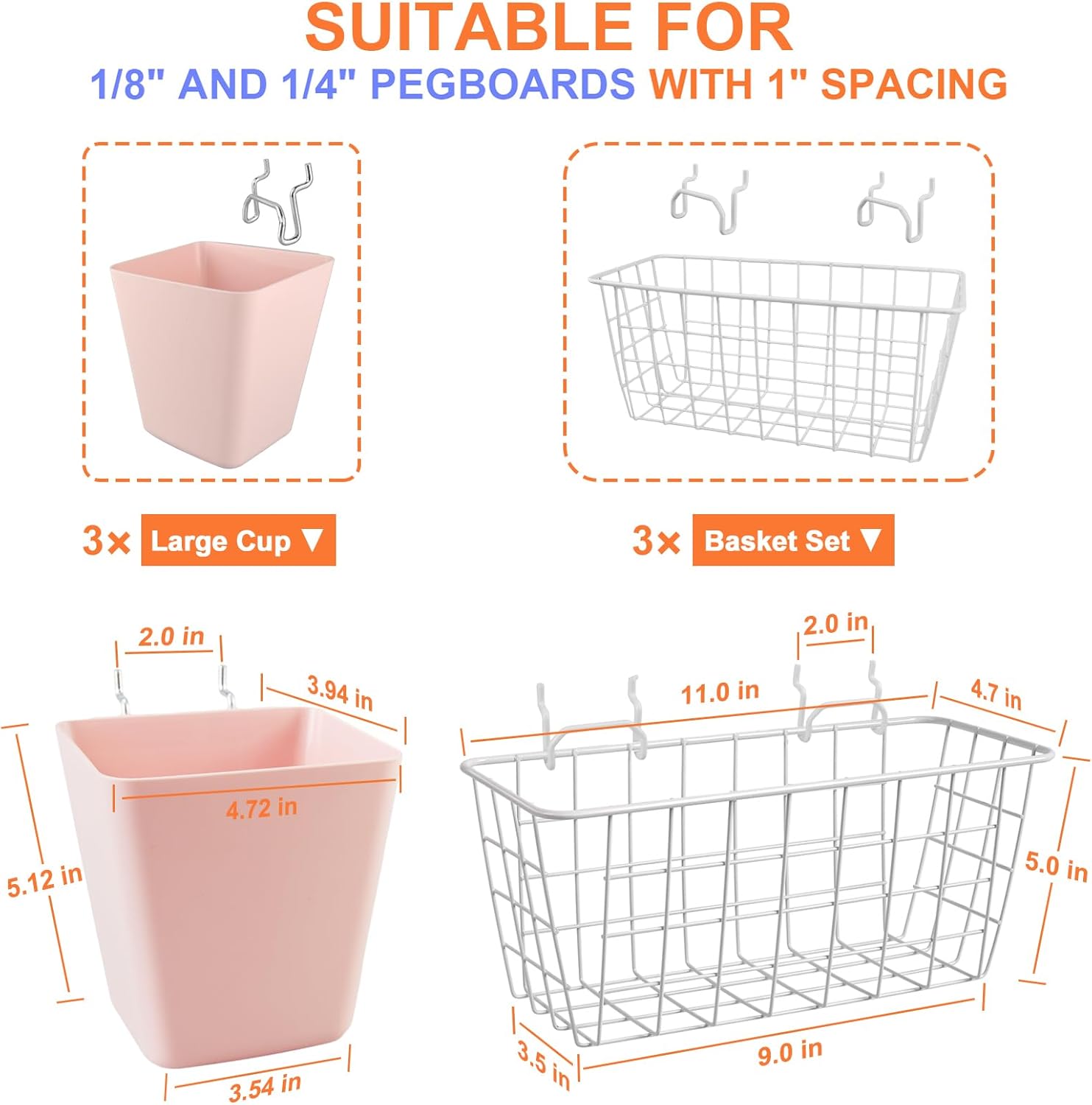 Pegboard Basket Organizers, Peg Board Large Baskets Hooks Bins Cups Tool Organizer 6 Pack Set, Wall Storage Display Hanging Accessories for Craft Office Stadio Shed Garage Organization (White & Pink)