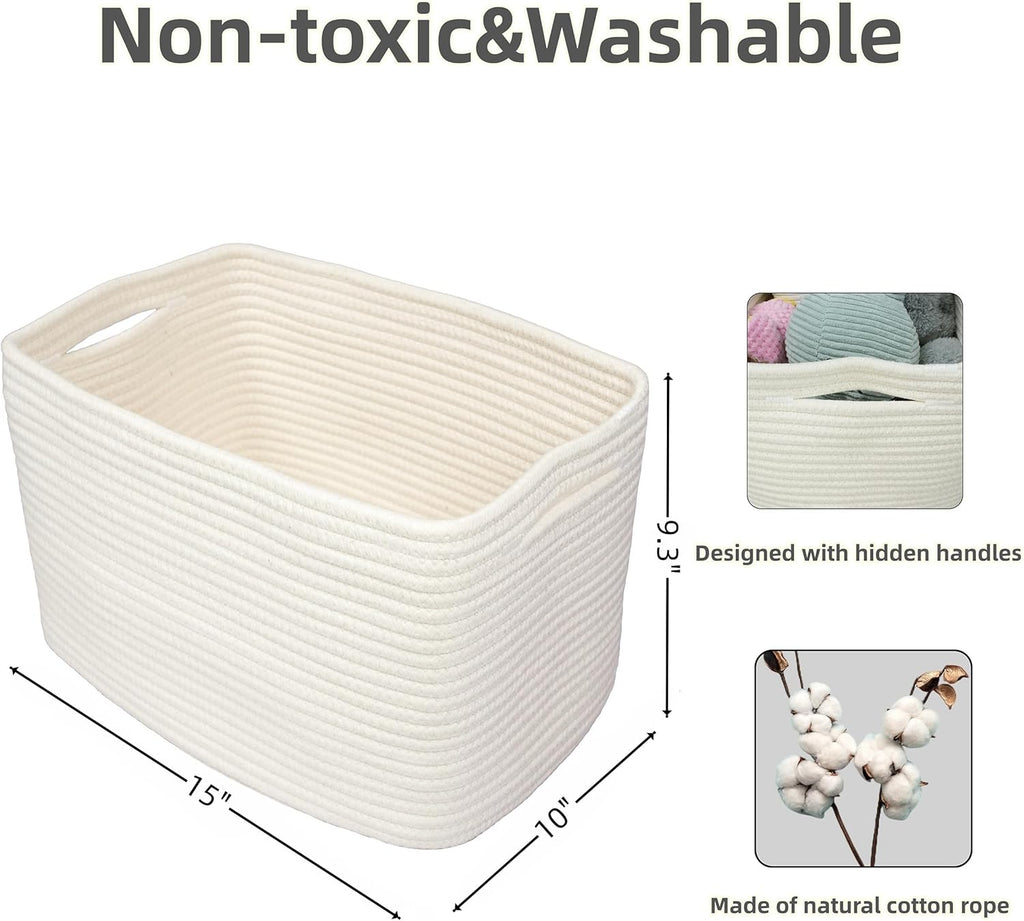 Cotton Rope storage Basket Bins Woven Basket for Organizing Shelves 15X10X9.3" Rectangle Decorative Baskets For storage Clothes Toys Books Towels Nursery basket organizer 3 pack white