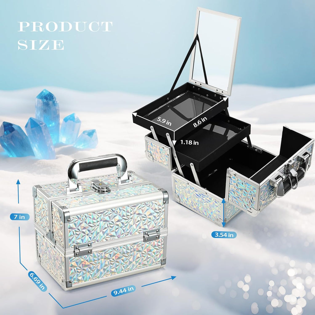 Joligrace Makeup Train Case Makeup Case Organizer Portable Cosmetic Box Storage with 2 Trays Mirror Locking with Keys Make Up Travel Case Nail Kits Traveling Makeup Box Shiny Silver