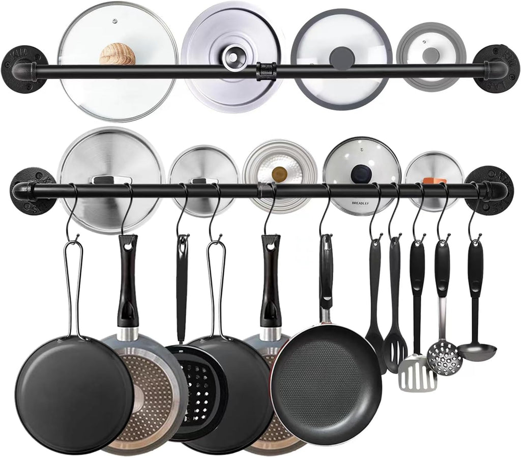 Industrail Pipe Pot Pan Rack, Wall mount Pot hangers Pan Haniging Rail Lid Hnager for kitchen with S Hooks (39"-2 Pack)