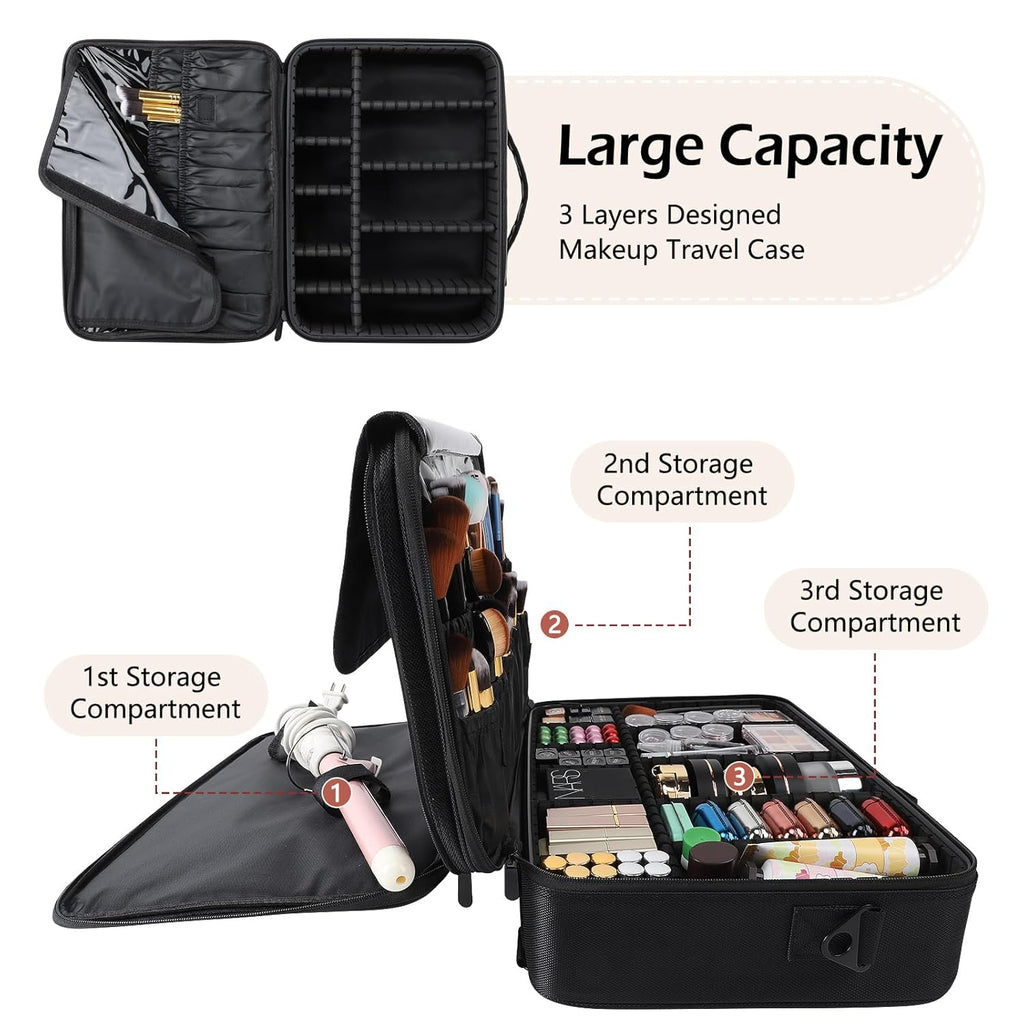 gzcz Large Capacity Travel Makeup Train Case,Professional Cosmetic Bags for Women,Portable Makeup Brush Bag Organizer Storage with Adjustable Dividers and Shoulder Strap