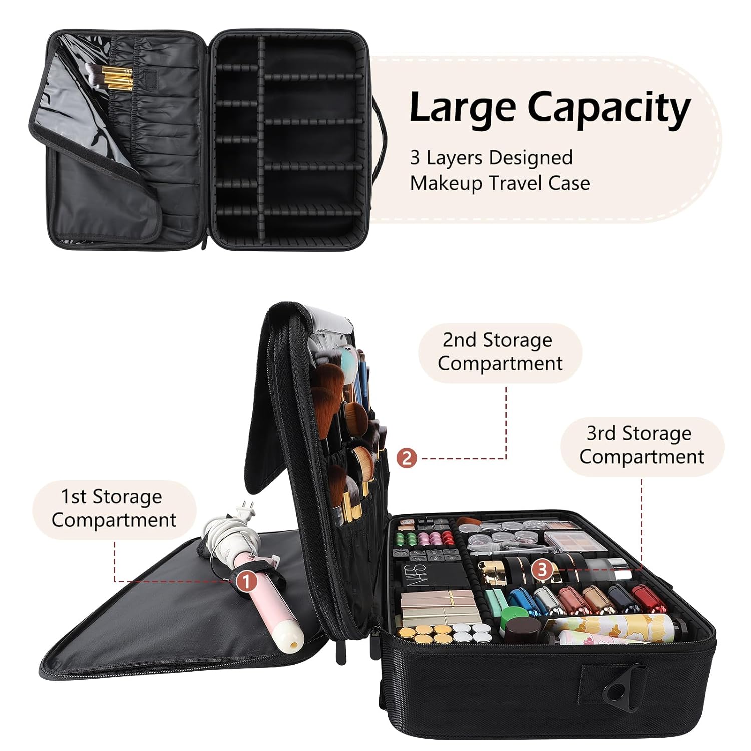 gzcz Large Capacity Travel Makeup Train Case,Professional Cosmetic Bags for Women,Portable Makeup Brush Bag Organizer Storage with Adjustable Dividers and Shoulder Strap