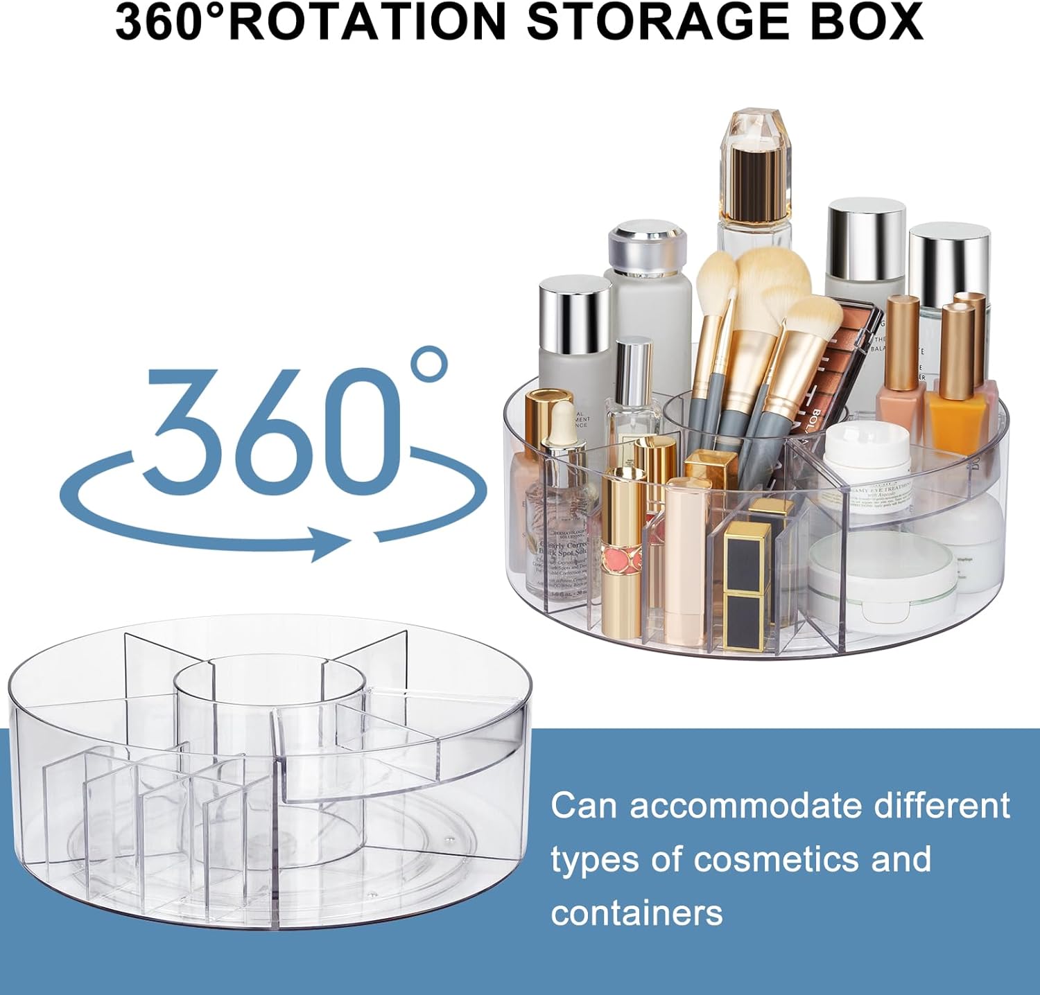 360° Rotating Makeup Organizer, 10" Clear Turntable Lazy Susan Organizer for Vanity, Bathroom Counter, Cabinet, Spinning Cosmetic Storage Holder with 6 Dividers for Skincare, Makeup Brushes, Lipsticks