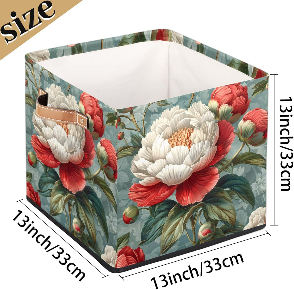 TropicalLife 13x13x13 Inch Large Fabric Storage Cube Retro Rose Foldable Storage Bin with Handles Organizer Boxes Cube Basket for Shelves Organizing Closet