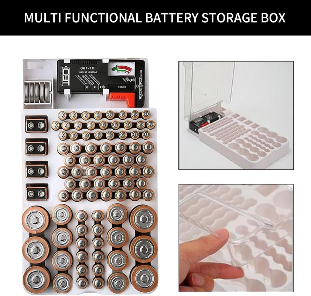 Battery Organizer Storage Box with Tester, Clear Lid Battery Organizer Storage Case, Holder Battery Carrying Case（Batteries are Not Included）