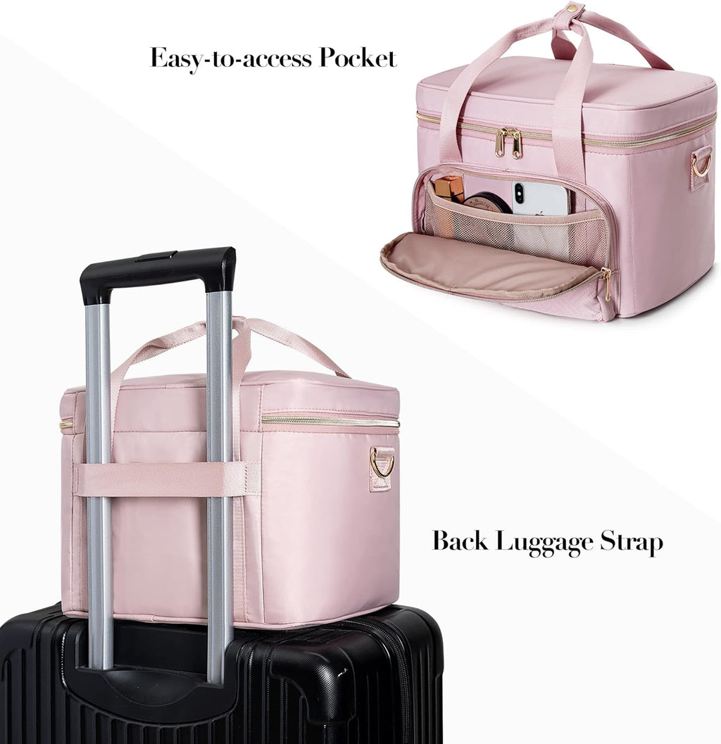 Travel Makeup Bag with 2 Pouches and Adjustable Dividers, Large Cosmetic Case Make up Organizer for Women Fits Bottles Vertically, Pink (Patented Design)