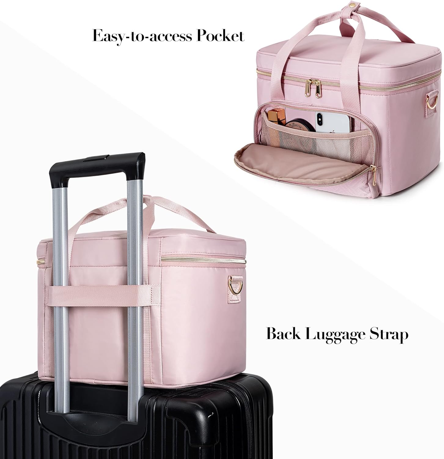 Travel Makeup Bag with 2 Pouches and Adjustable Dividers, Large Cosmetic Case Make up Organizer for Women Fits Bottles Vertically, Pink (Patented Design)