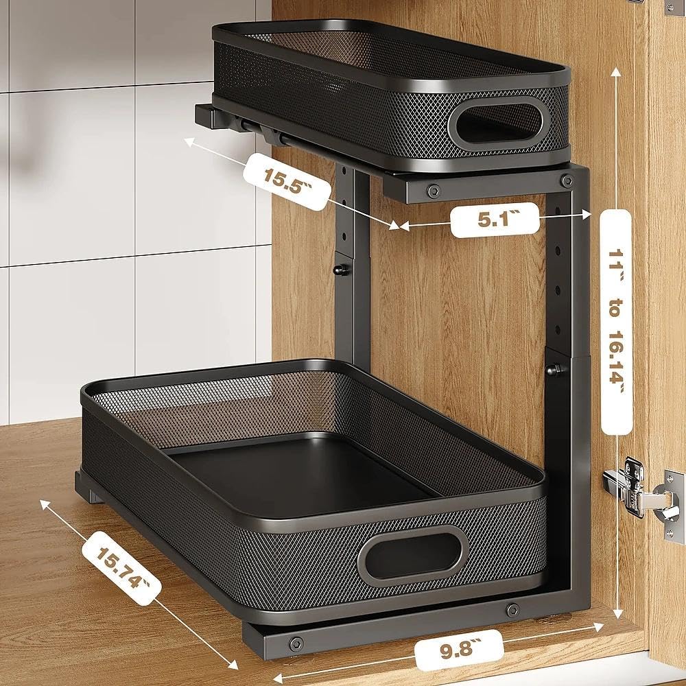 1 Pack 15.7IN-Depth Under Sink Organizer With Smooth Cylindrical Rail,2-Tier Pull Out Multi-Purpose Cabinet Storage for Bathroom&Kitchen,Height Adjustable,Rust-resistant Coating-Black