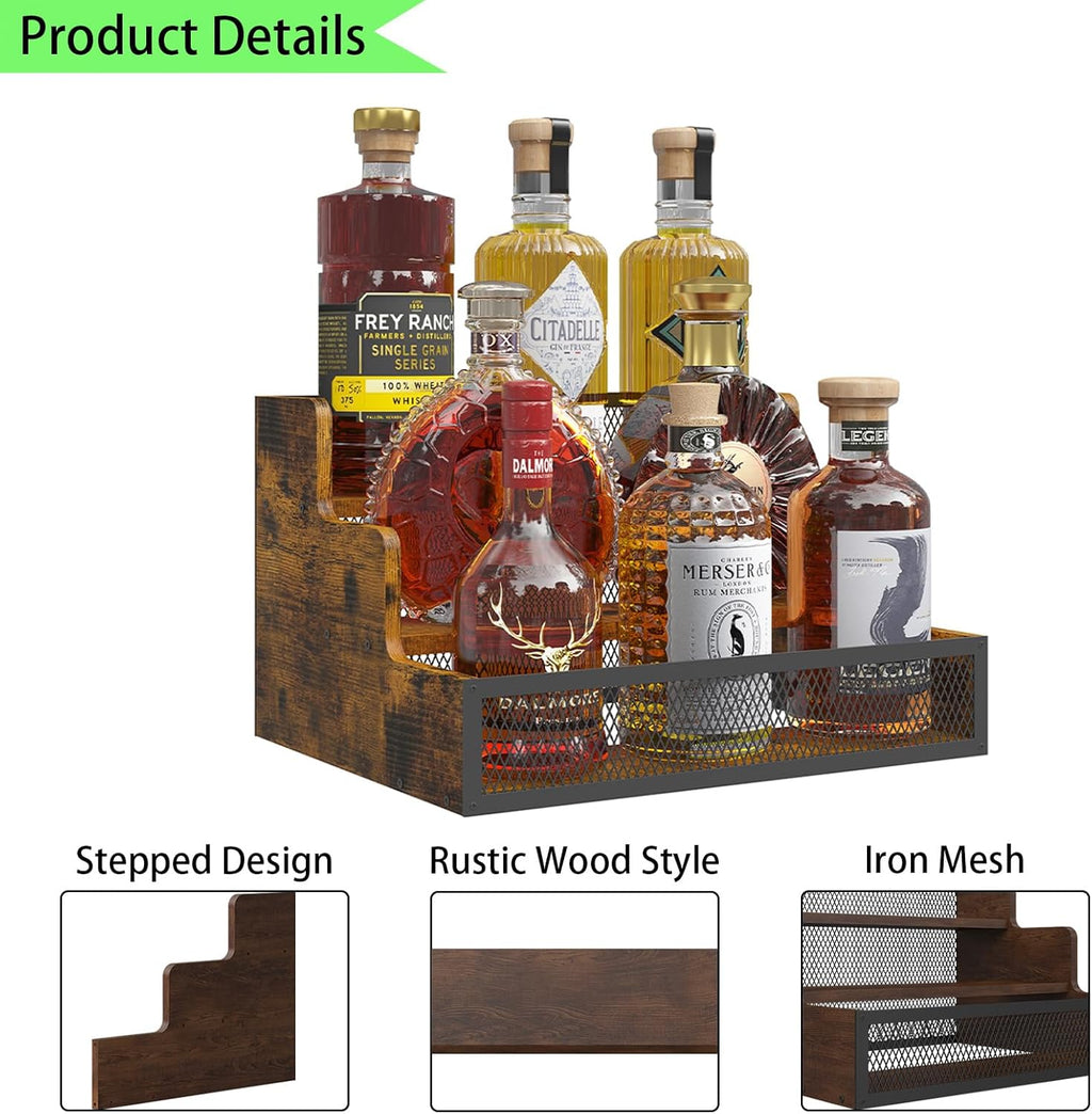 3-Tier Liquor Bottle Display Shelf, Rustic Wooden Bottle Holder Stand for Liquor Whiskey Wine Coffee Bottle Display with Fences, Storage Countertop Shelf for Café, Bar, Office Station