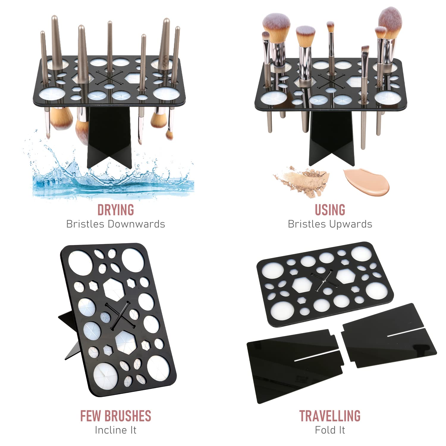 Makeup Brush Cleaning Mat & Drying Rack - 28 Holes Brush Holder, Silicone Rubber Clover Shaped Mat Cleaner - Black & Pink
