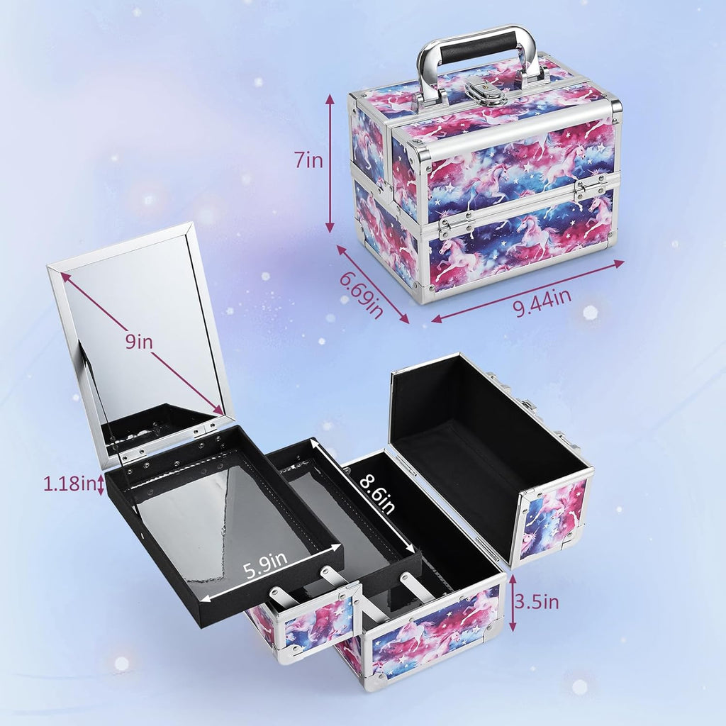 Joligrace Unicorn Makeup Case Oragnizer Portable Travel Makeup Train case 2 Trays Cosmetic Storage with Mirror Locking for Sewing Craft Cosmetologist Artist Supplies Nail Tech Kits Case Pink Blue