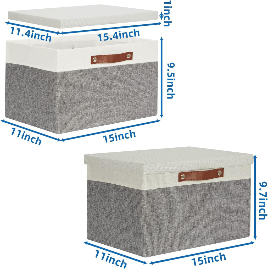 Temary Collapsible Storage Bins Storage Boxes with lid, 2 Pack Storage Baskets with Lid Organizing Clothes, Decorative Organizer Bins with Handles (White&Gray, 15x11x9.5inch)
