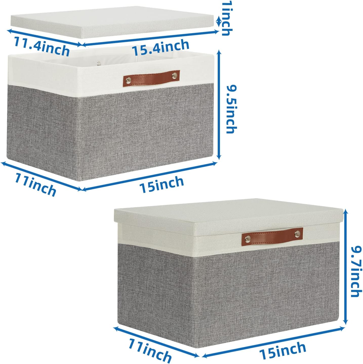 Temary Collapsible Storage Bins Storage Boxes with lid, 2 Pack Storage Baskets with Lid Organizing Clothes, Decorative Organizer Bins with Handles (White&Gray, 15x11x9.5inch)