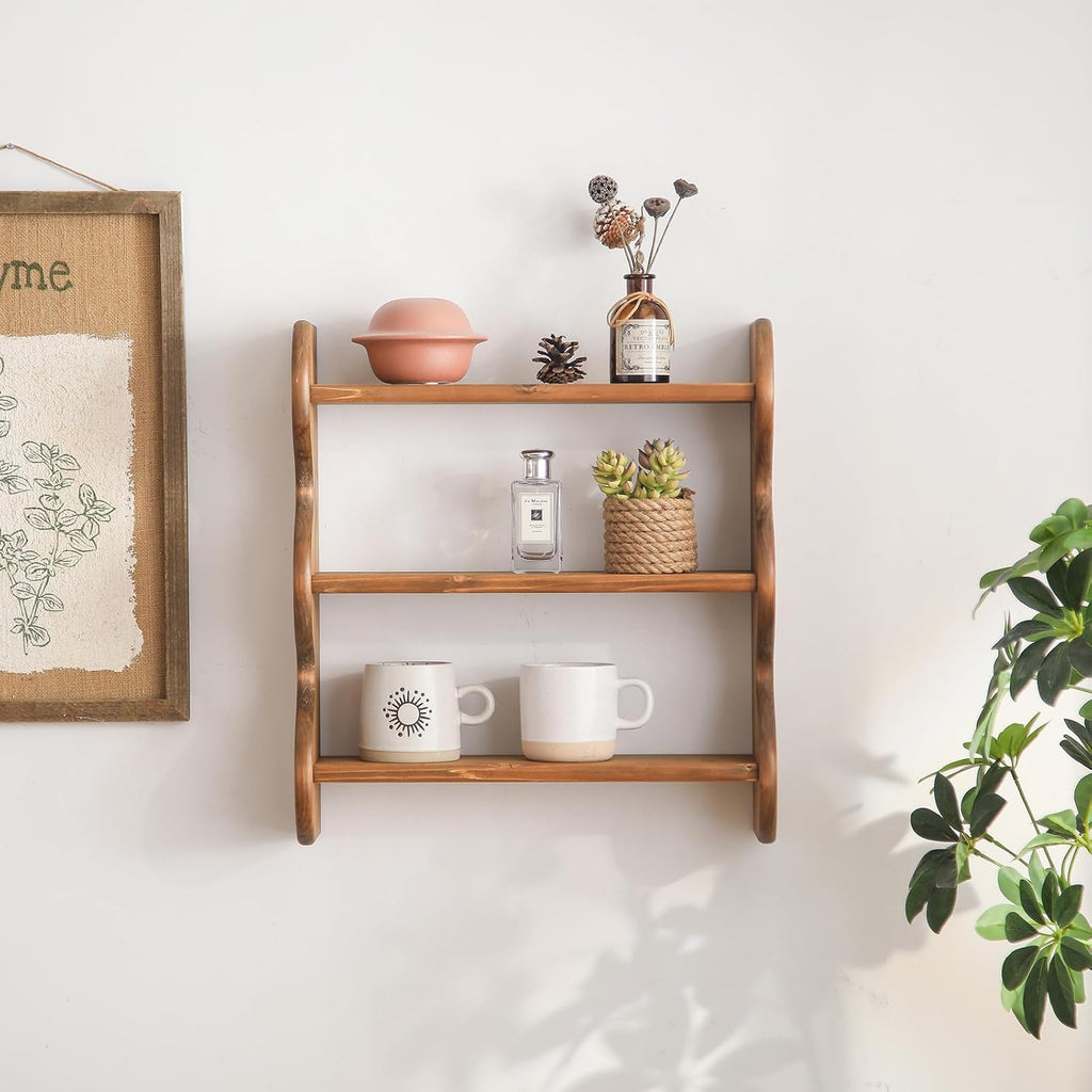 100% Solid Wood Wall Shelf 3-Tier, Rustic Floating Shelves Wall Mounted Storage Rack, Farmhouse Decor Hanging Shelf Display Shelves for Apartment, Living Room and Bedroom