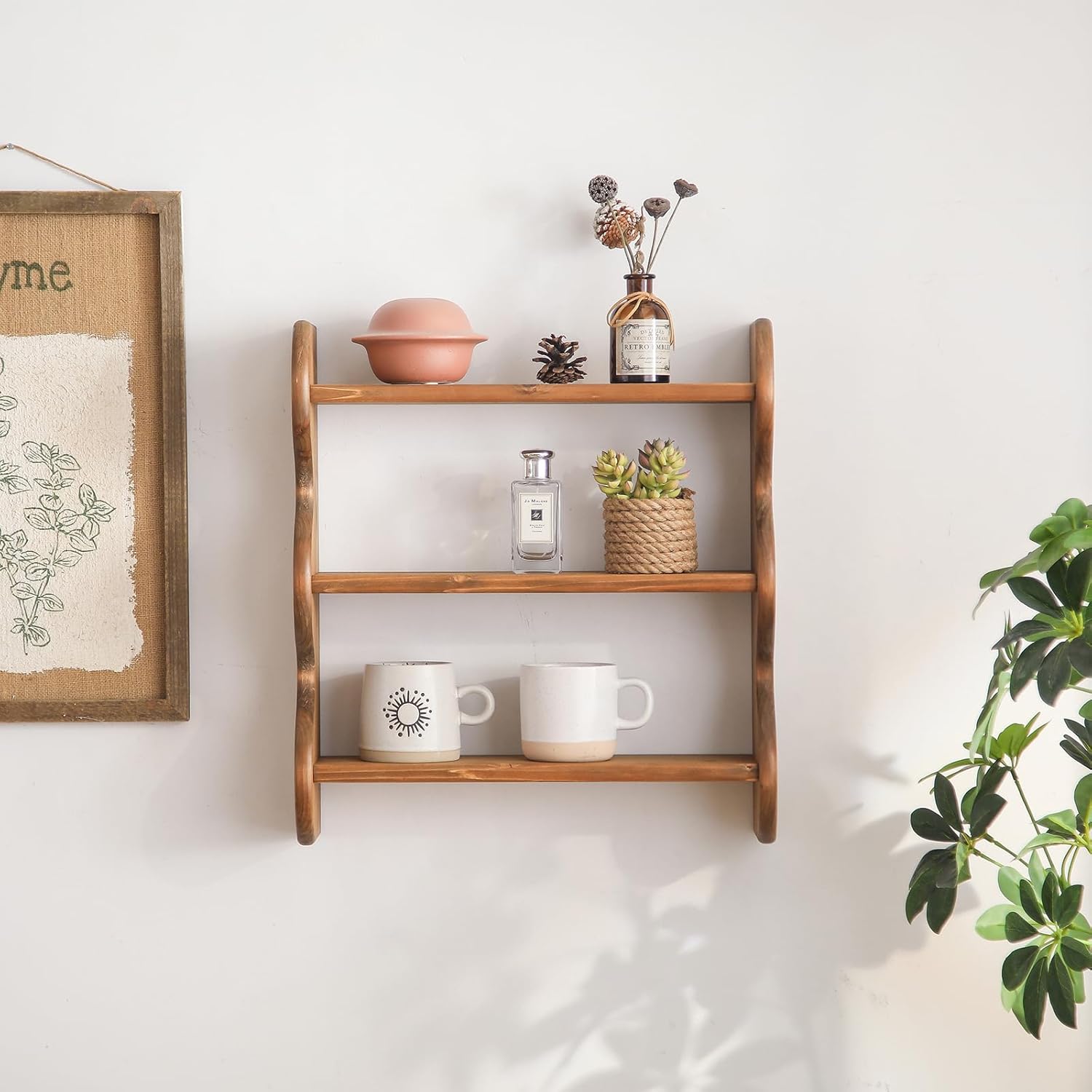 100% Solid Wood Wall Shelf 3-Tier, Rustic Floating Shelves Wall Mounted Storage Rack, Farmhouse Decor Hanging Shelf Display Shelves for Apartment, Living Room and Bedroom