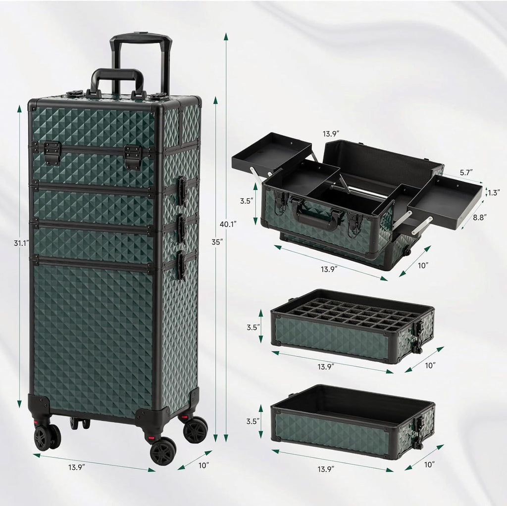 Leeora&Leekoo Portable Multi-Storey Nail Case for Nail Tech Organizer - Wheels Makeup Case Organizer, Cosmetic Case, Makeup Train Case, Make Up Case (Dark Green)