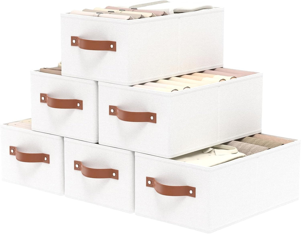 OUTBROS Fabric Storage Boxes, Foldable Bins With Handles, Wardrobe Baskets for Organizing, For bedrooms, living rooms, Shelves, White, 16.1 x 6.5 x 9.8 inch, 6-Pack