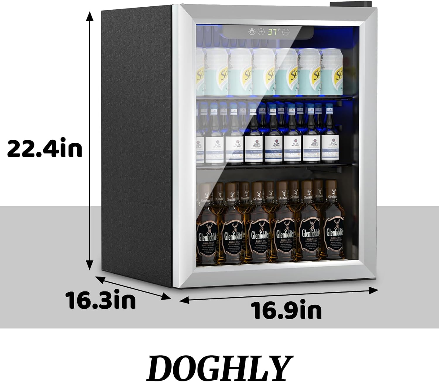 1.7 Cu.ft Beverage Refrigerator Cooler, 72 Cans Mini Fridge with Glass Reversible Door, Digital Temperature Display for Soda, Beer or Wine For Office or Bar with Removable Shelves