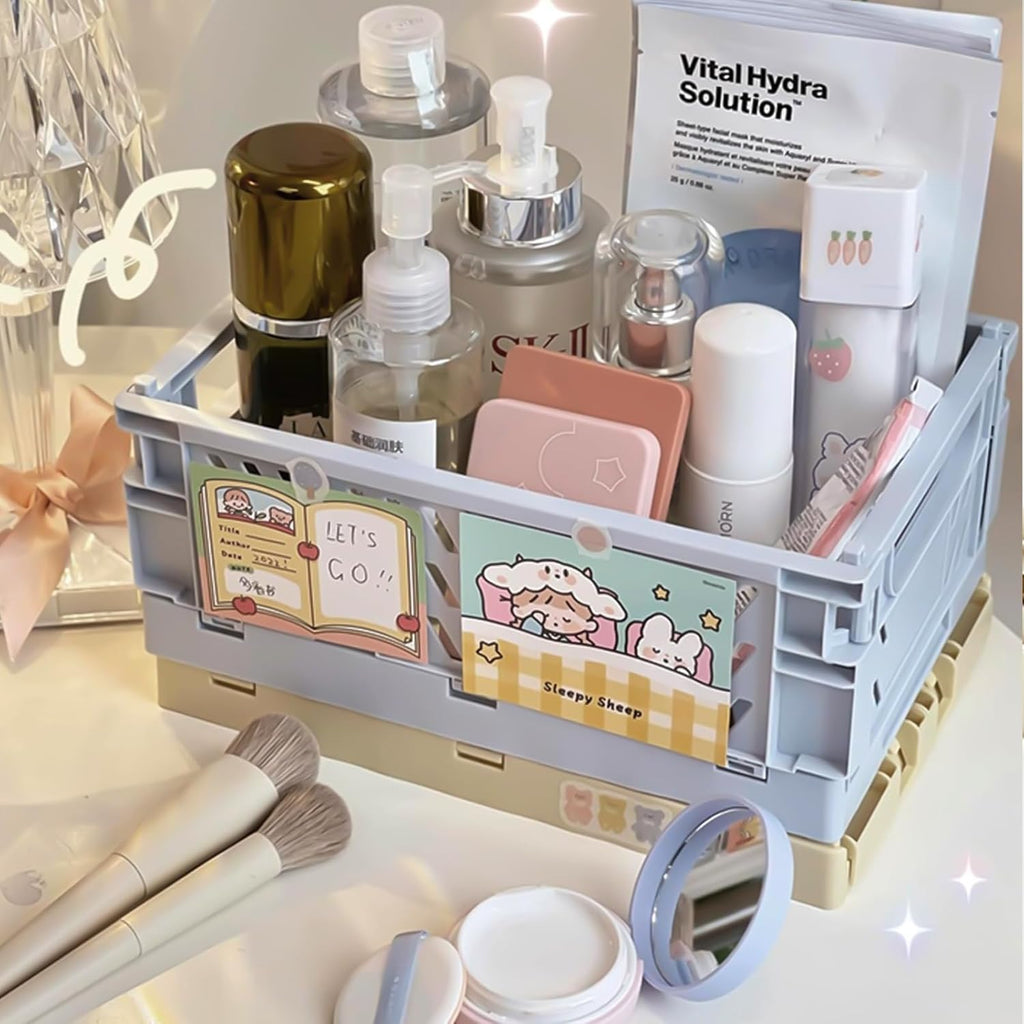 Small Pastel Plastic Storage Bins 2Pcs Foldable Pastel Crates Plastic Basket Colorful Storage Containers Baskets for Classroom Kitchen Office Bedroom Desktop Home Decor (Blue 9.8" x 6.5" x 3.8")