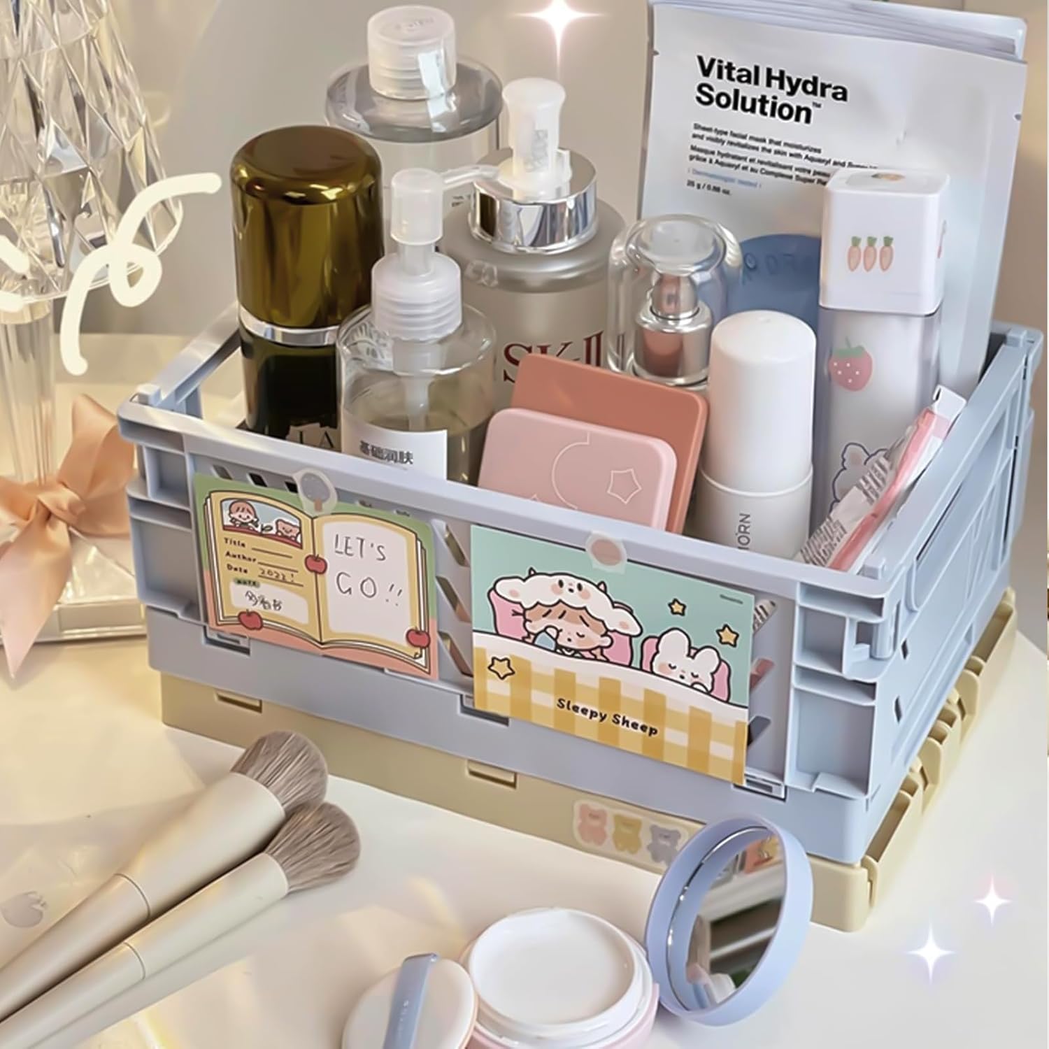 Small Pastel Plastic Storage Bins 2Pcs Foldable Pastel Crates Plastic Basket Colorful Storage Containers Baskets for Classroom Kitchen Office Bedroom Desktop Home Decor (Blue 9.8" x 6.5" x 3.8")