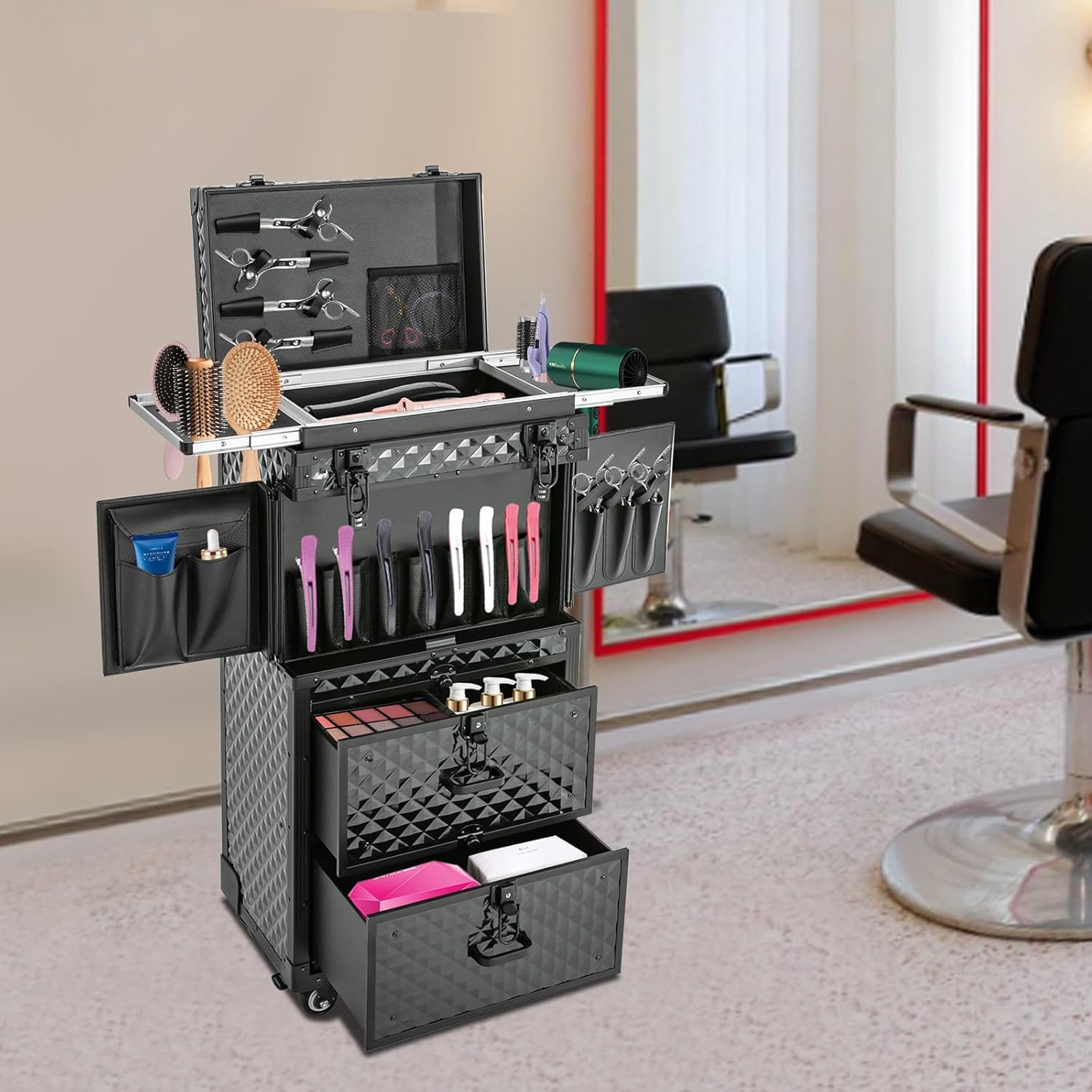 Rolling Makeup Case, Beauty Salon Cosmetic Luggage Travel Organizer with Combination Locks, with 4 Storage Compartments and Wheels for Barber, Travel Makeup Hair Styling