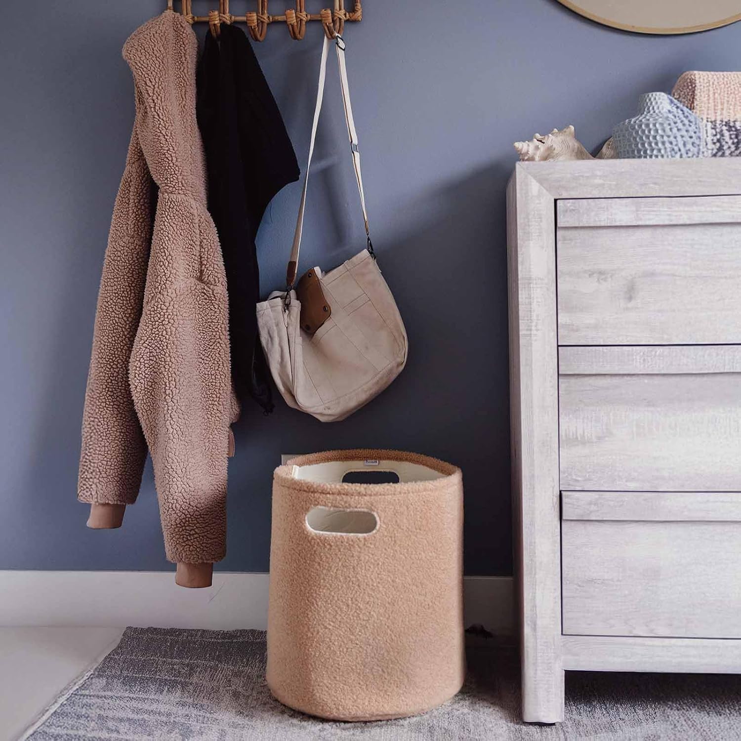 PUTSKA Basket –Round Storage for Clothes – Soft Baby Girl Basket for Nursery, Kids Room, Bedroom, Living Room –Large, Brown