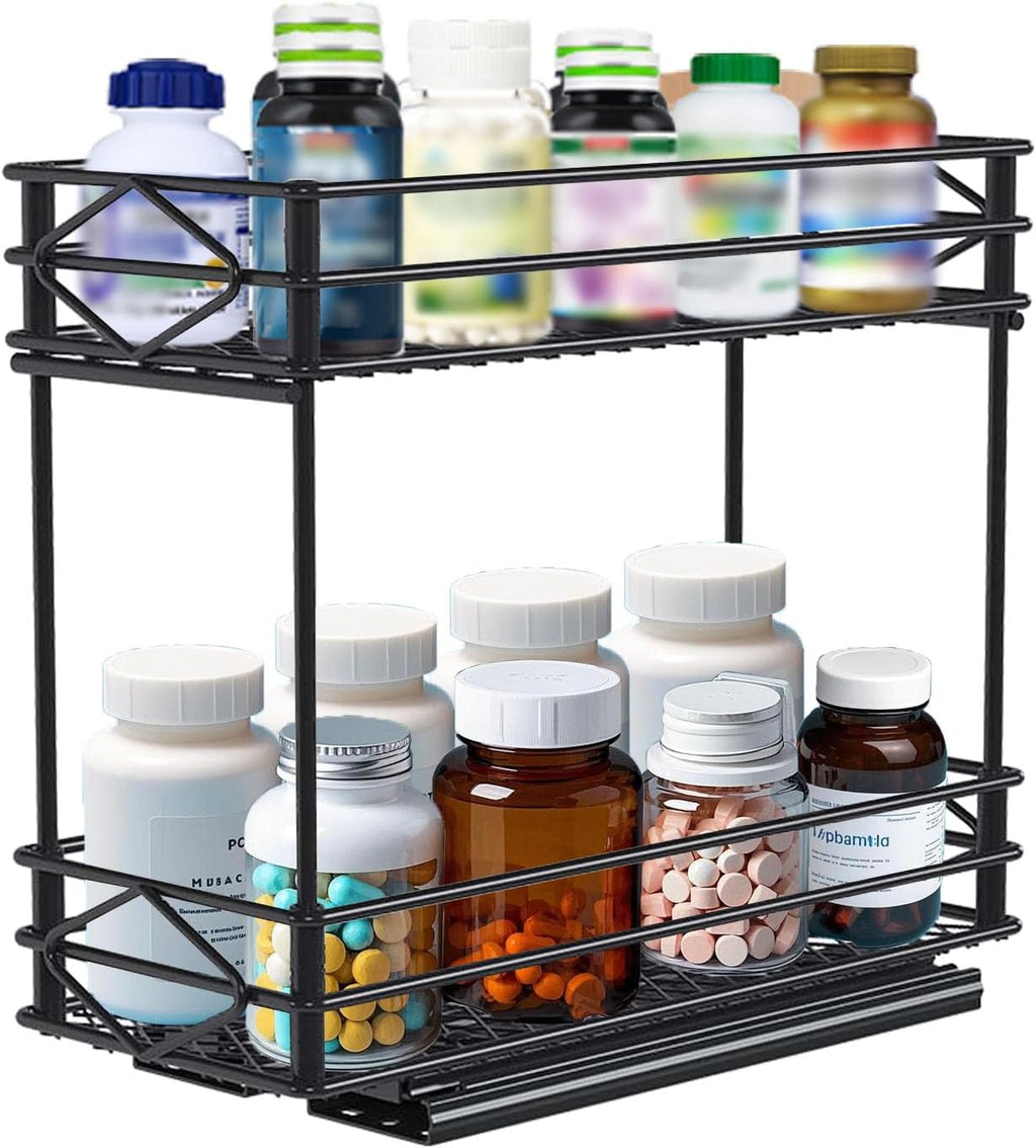 Pull Out Medicine Organizer,Slide Out Storage Drawers,Spice Rack Organizer for Cabinet,Pill Bottle Storage for Holding Vitamins,Supplements Cosmetics,10.43”L x 4.33”W x 7.87”H,2 Tier,Black