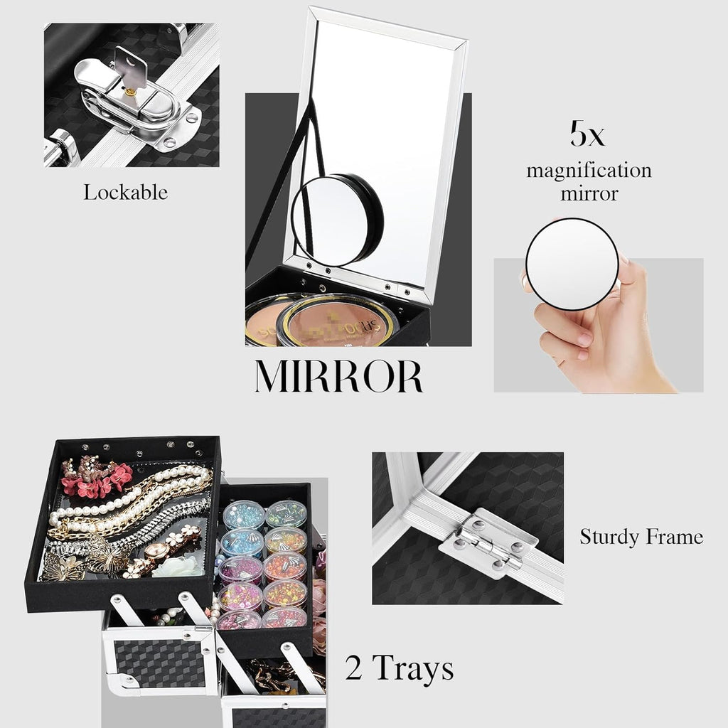 Joligrace Makeup Box Cosmetic Train Case Portable Makeup Organizer Case with Mirror 2 Tray Make up Storage Case for Nail Teach Craft Sewing Travel Vanity Modern Style Black