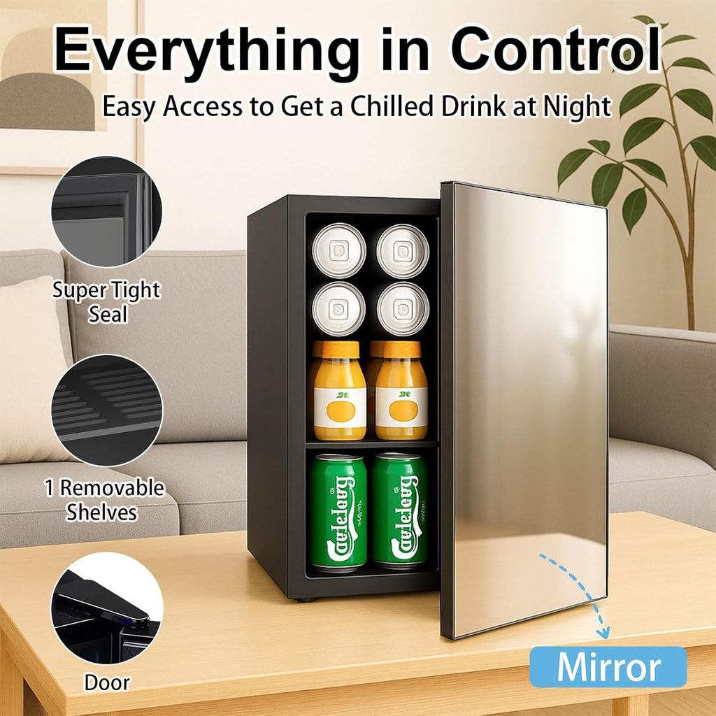 0.9 Cu.Ft Mini Refrigerator and Beauty Fridge, 24 Cans Mini Fridge with Mirror Door, Temperature Control, Removable Shelf, Compact Cooler for Bedroom, Dorm, Office, Beverage Beauty Storage