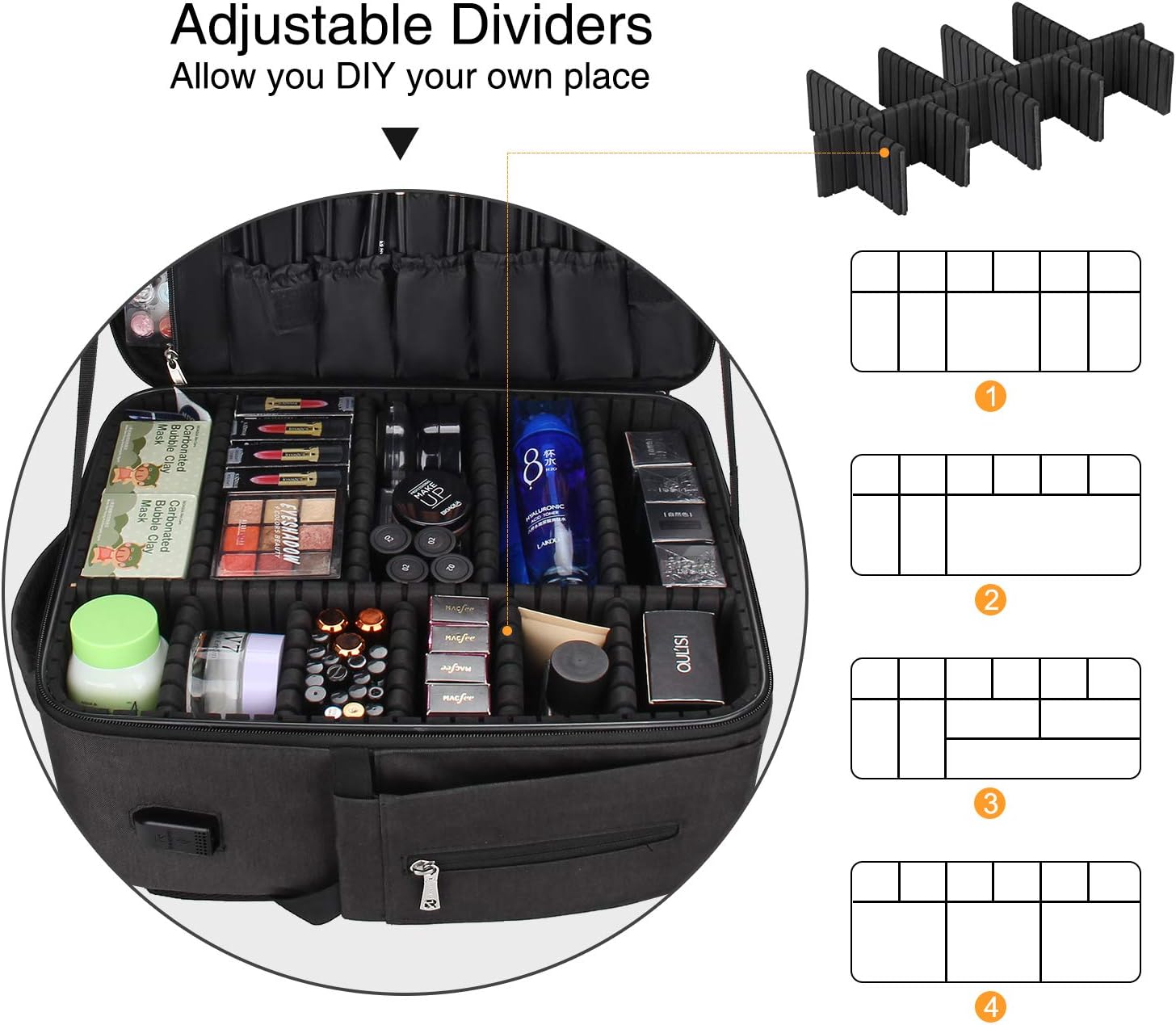 Relavel Professional Makeup Case Makeup Backpack and Makeup Brush Case for Makeup Artists, Durable Water-resistant Material, with Shoulder Strap and Adjustable Dividers Black