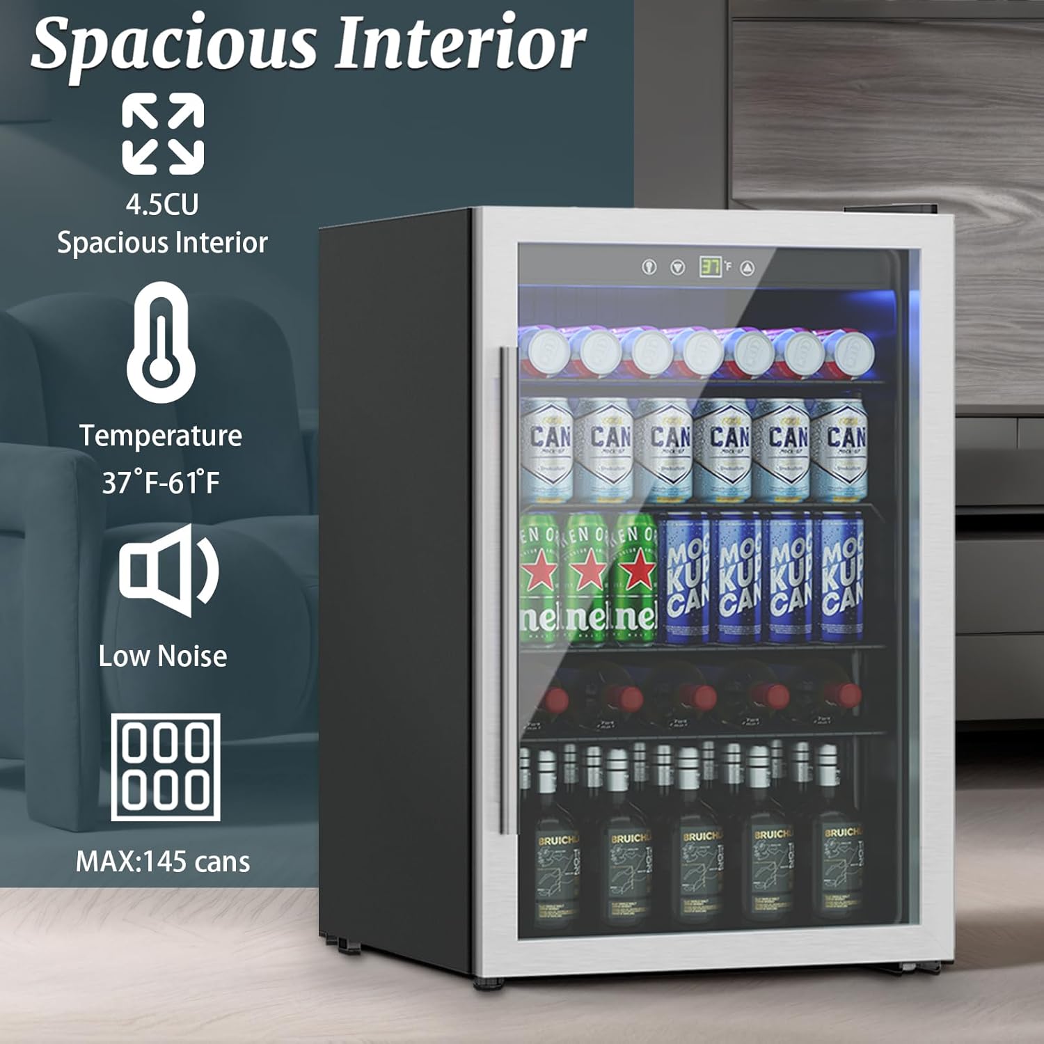 145 Can Mini Fridge - 4.5 Cu.Ft Beverage Refrigerator with Reversible Glass Door for Soda Wine Beer, Adjustable Temperature Control for Home Office Bar, Silvery(40-61 ℉)