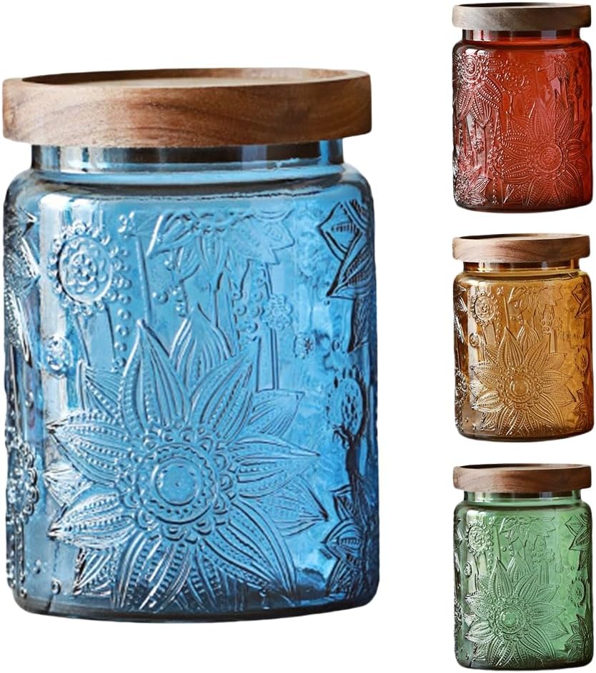 ANSQU Set of 4 Vintage Glass Storage Jars, 23.7oz Glass Coffee Canisters Decoraitve Mason Jars Sugar Containers with Airtight Wooden Lids for Kitchen Pantry, Cookie Jars (Sunflower)