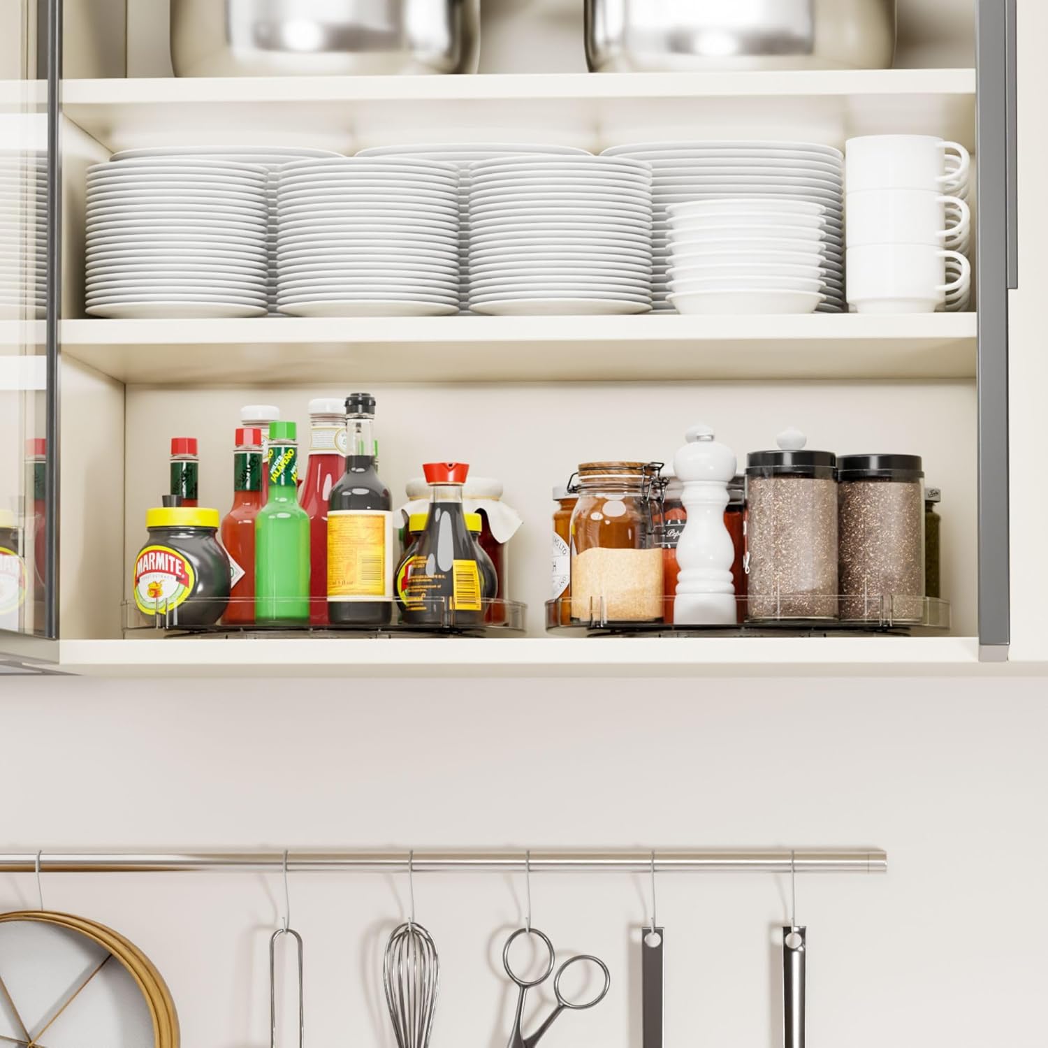 Yieach 2 Pack Rectangle Lazy Susan for Refrigerator,12″x10″ Square Fridge Turntable Organizer & Tray and 2 Tier Rotating Spice Rack for Jar,Can,Medication,Condiments,Seasoning Organizer for Cabinet