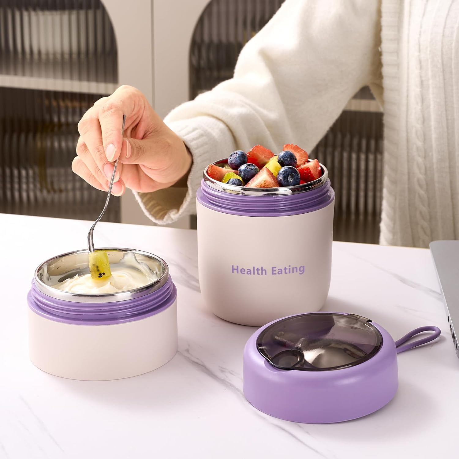 Overnight Oats Containers with Lids and Spoons, 24 oz On The Go Reusable Snack Cup Container for Yogurt Parfait, Middle Compartment, Portable & Lightweight for Work, Travel, Gym - Dishwasher Safe