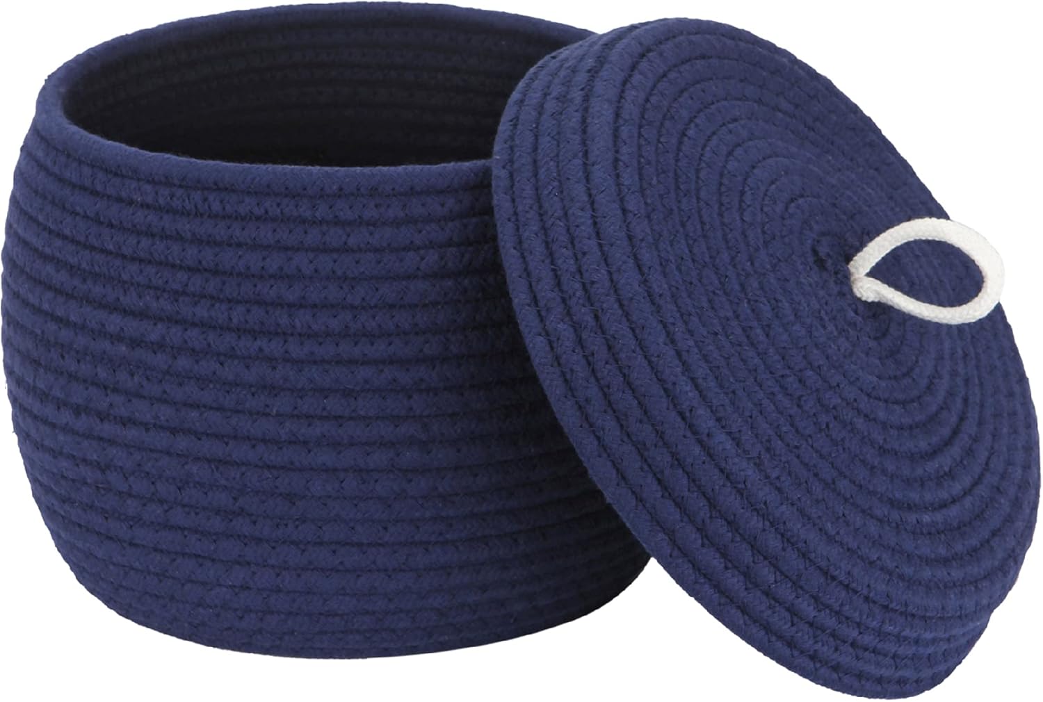 Sea Team Round Cotton Rope Storage Basket with Lid, Decorative Woven Storage Bin, Pot, Caddy, Organizer, Container for Snacks, Towels, Plants, 10 x 7.5 Inches (Small, Dark Blue)
