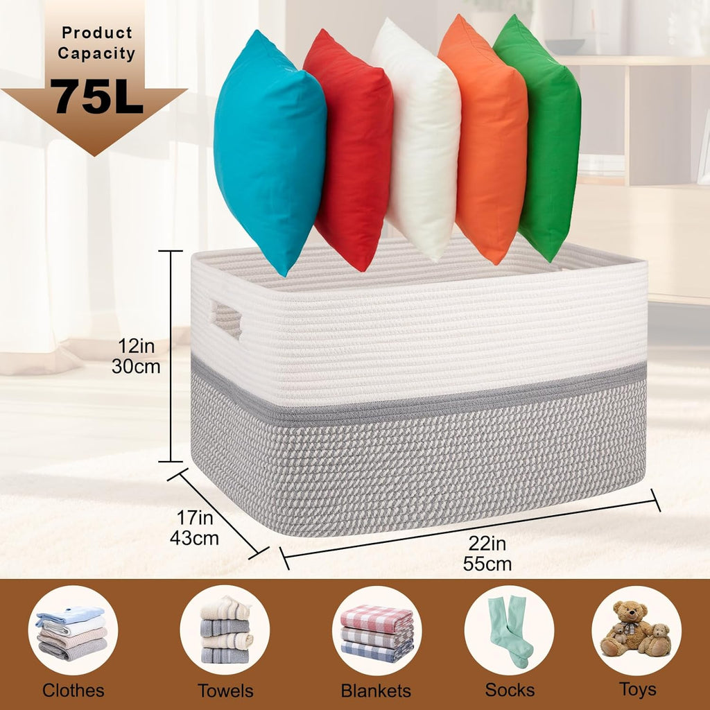 OIAHOMY Large Blanket Basket, 22”x17”x12” Rectangle Woven Baskets, Nursery Blanket Storage Living Room, Toy Storage With Handle, Large Baskets for Organizing-Grey/White