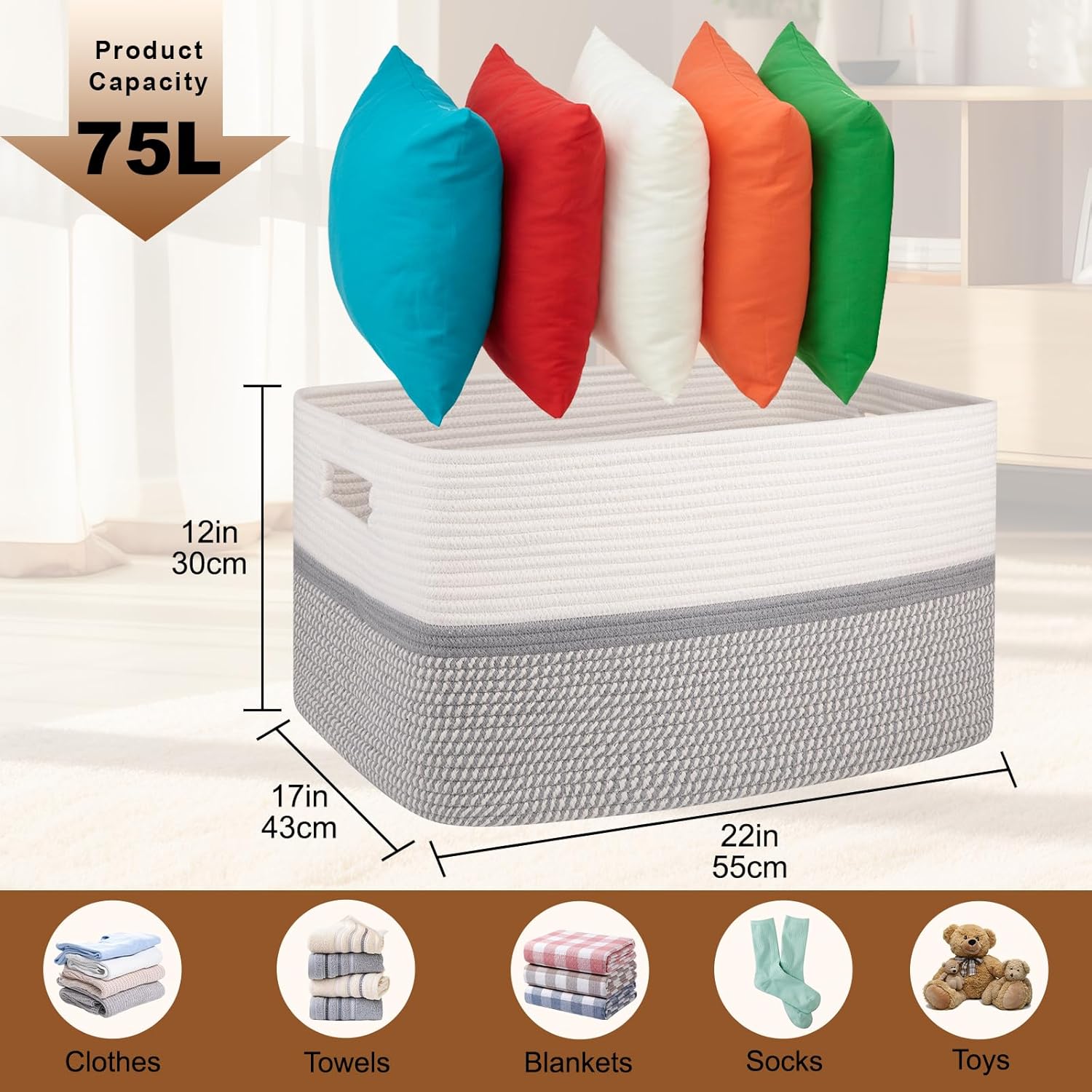 OIAHOMY Large Blanket Basket, 22”x17”x12” Rectangle Woven Baskets, Nursery Blanket Storage Living Room, Toy Storage With Handle, Large Baskets for Organizing-Grey/White