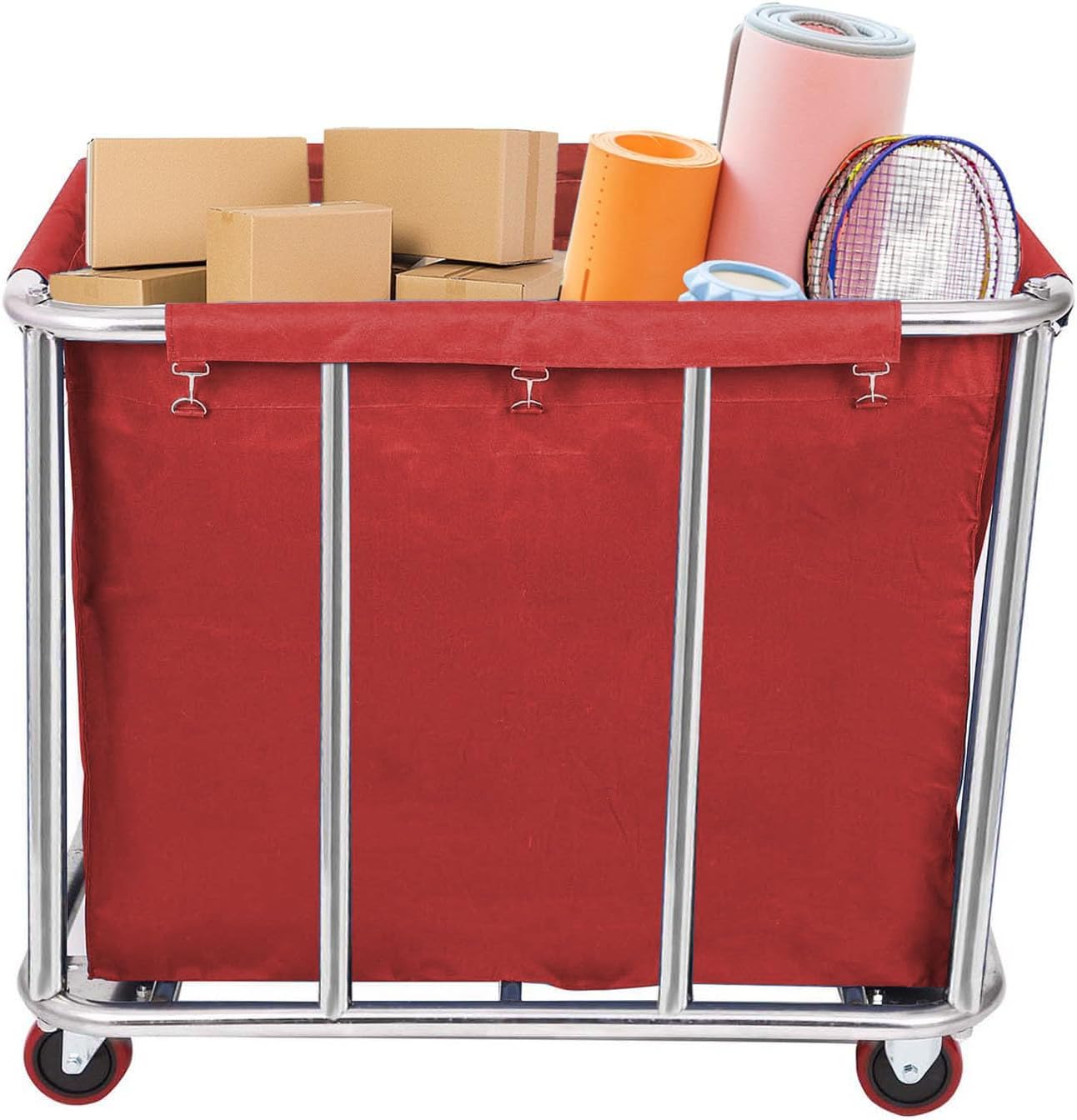 10 Bushels Laundry Cart Commercial/Home,Heavy Duty Large Stainless Steel Rolling Laundry Basket with Wheels，for Laundry Organizer and Storage,260LBS Load (Red)