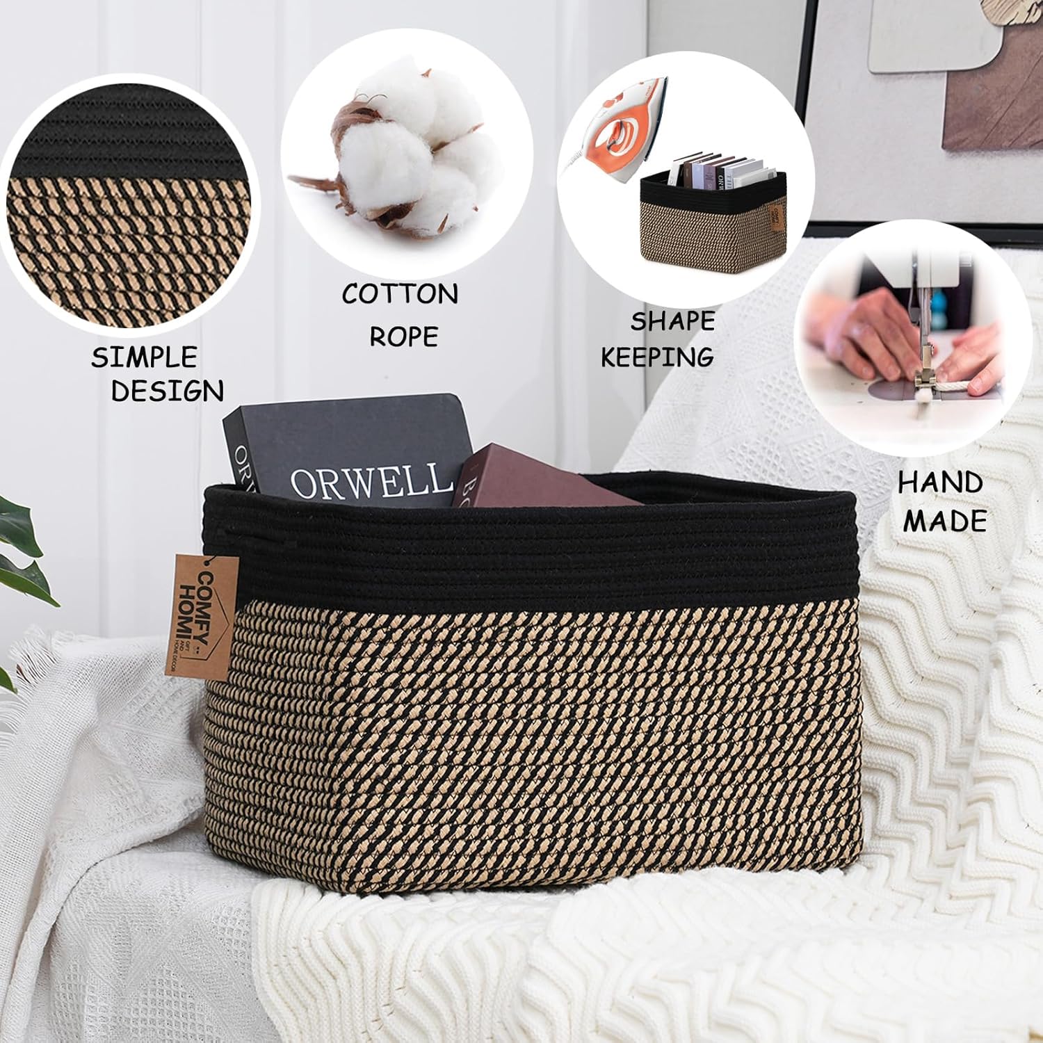 COMFY-HOMI 3PACK Cotton Rope Square Basket with Handles for Shelves|Dog Toy Bin and Storage|Baby Gift|Shoe Organizer|New 13.5" x 11" x 9.5" for Living Room (Black/Jute)